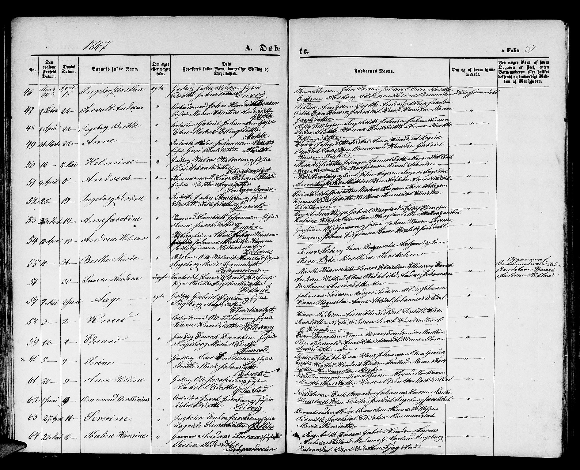 Hetland sokneprestkontor, AV/SAST-A-101826/30/30BB/L0003: Parish register (copy) no. B 3, 1863-1877, p. 37