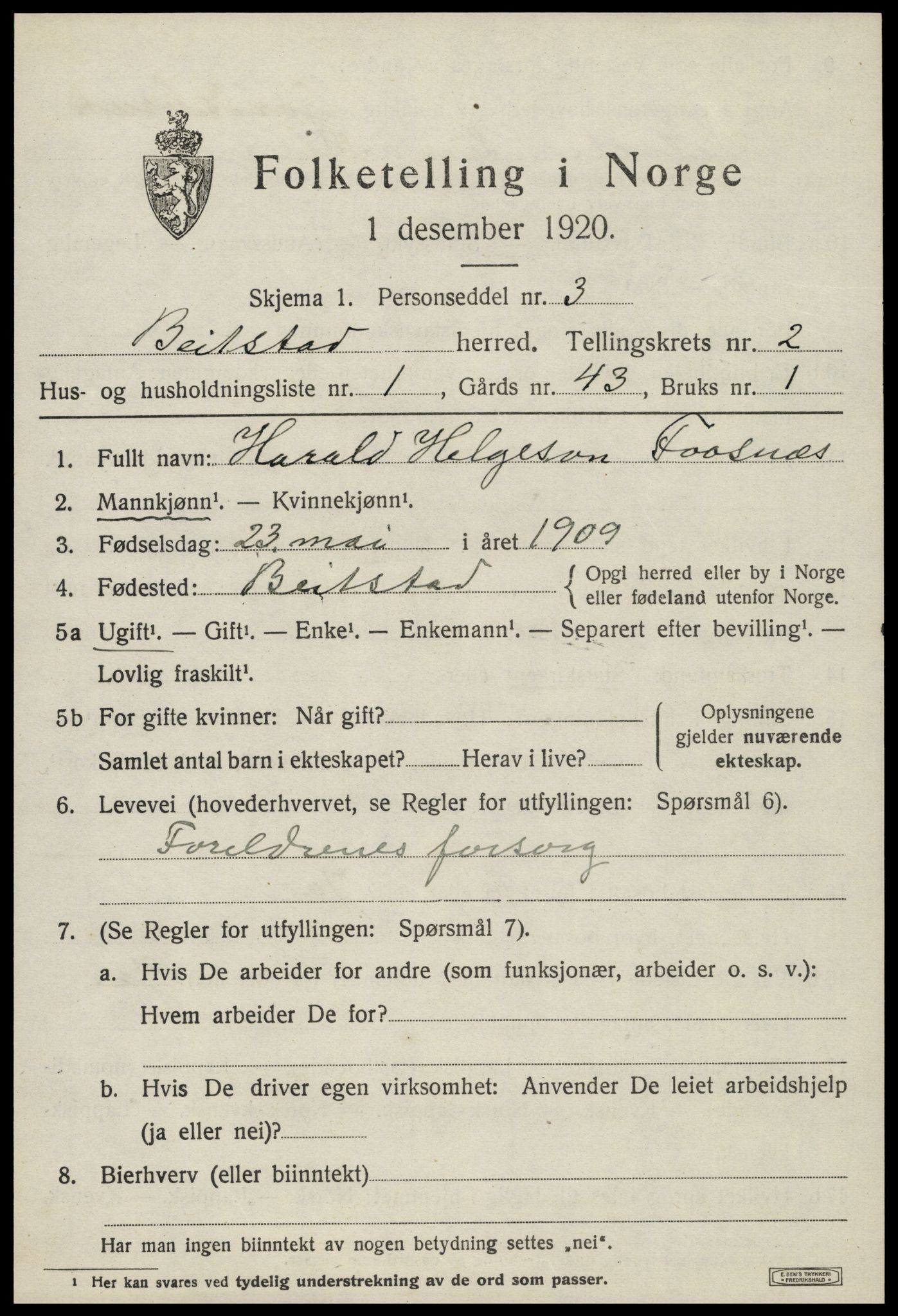 SAT, 1920 census for Beitstad, 1920, p. 1423