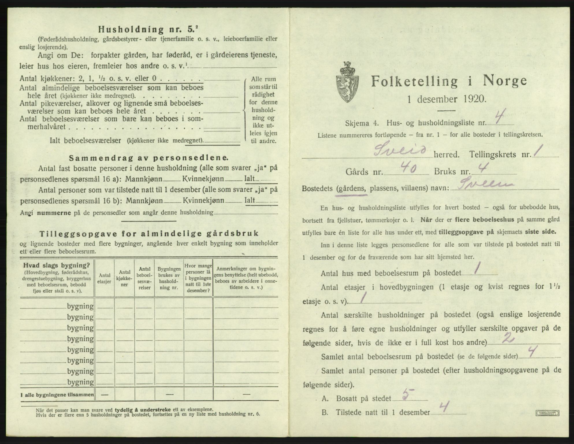 SAB, 1920 census for Sveio, 1920, p. 40