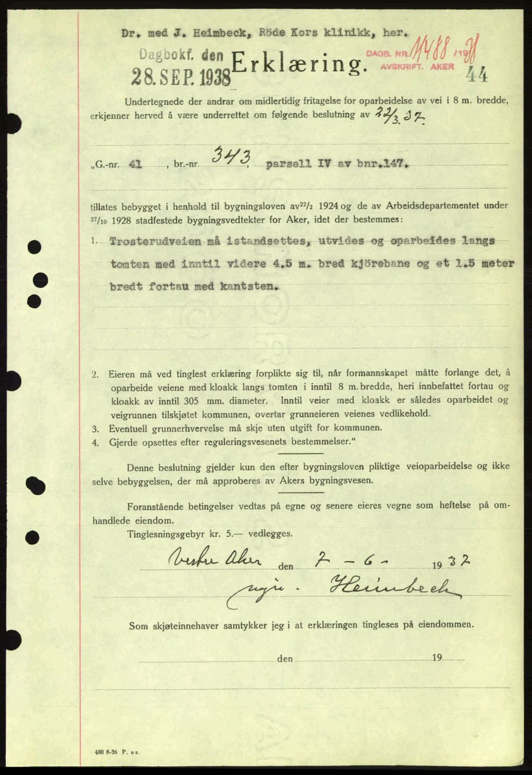 Aker herredsskriveri, SAO/A-10896/G/Gb/Gba/Gbab/L0025: Mortgage book no. A154-155, 1938-1938, Diary no: : 11488/1938