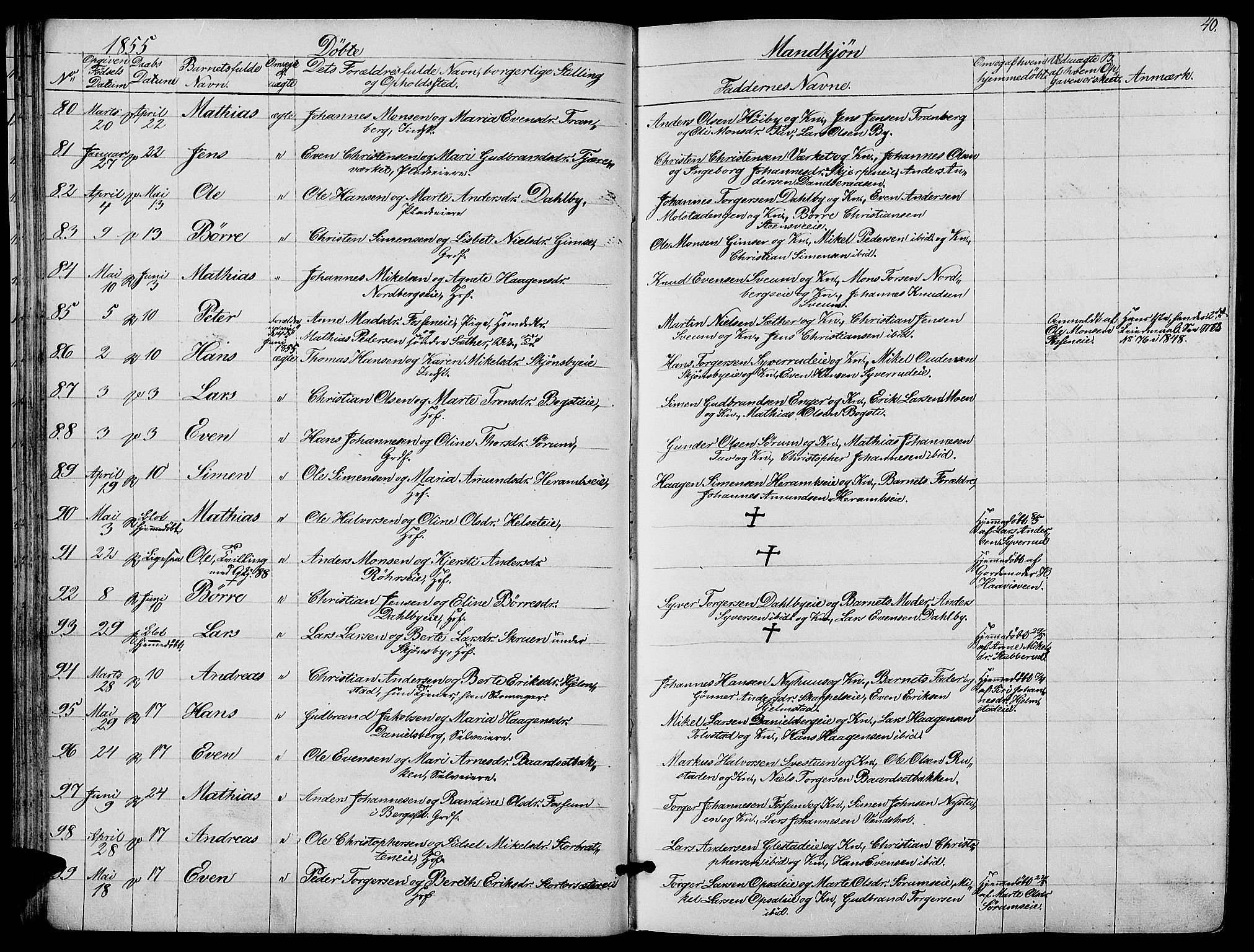 Ringsaker prestekontor, AV/SAH-PREST-014/L/La/L0006: Parish register (copy) no. 6, 1851-1860, p. 40