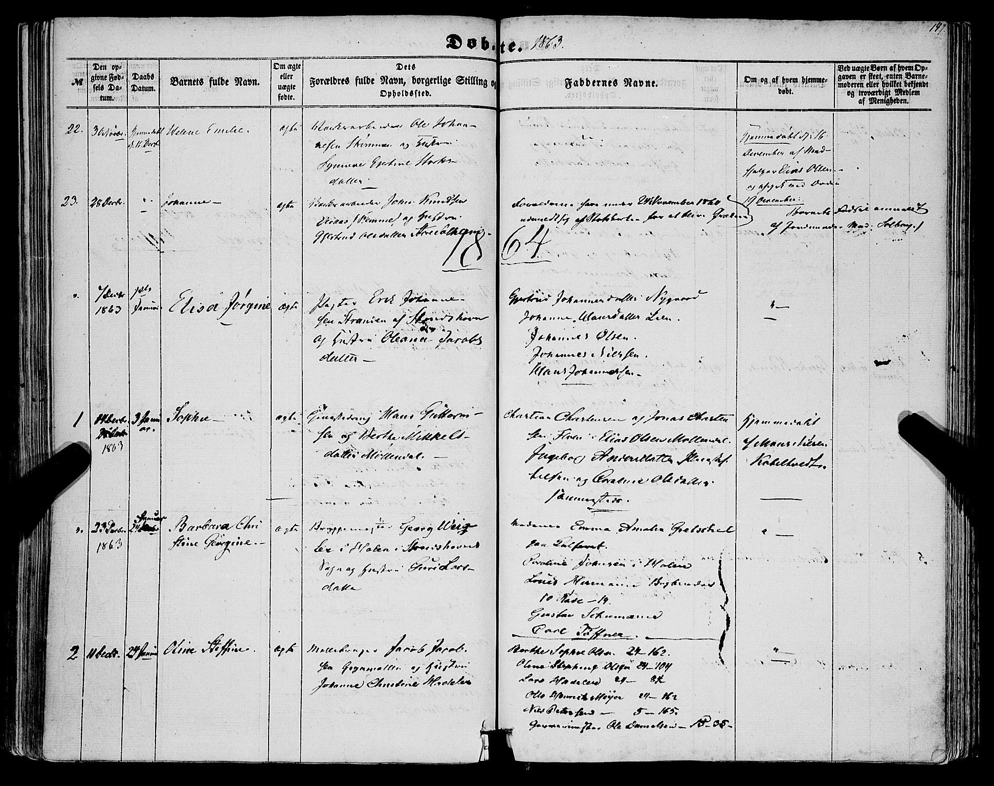 St. Jørgens hospital og Årstad sokneprestembete, AV/SAB-A-99934: Parish register (official) no. A 5, 1857-1869, p. 147