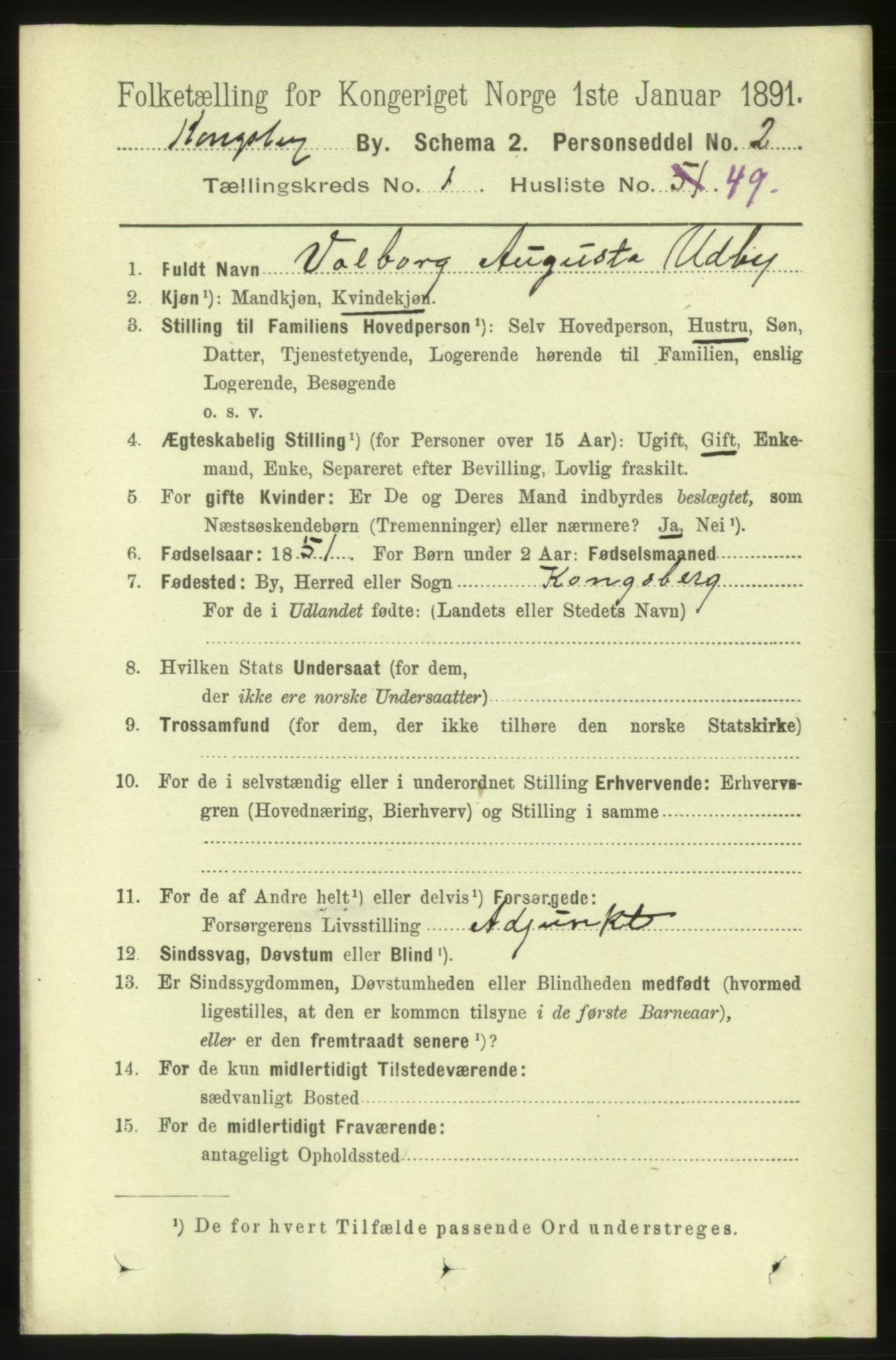 RA, 1891 census for 0604 Kongsberg, 1891, p. 1947