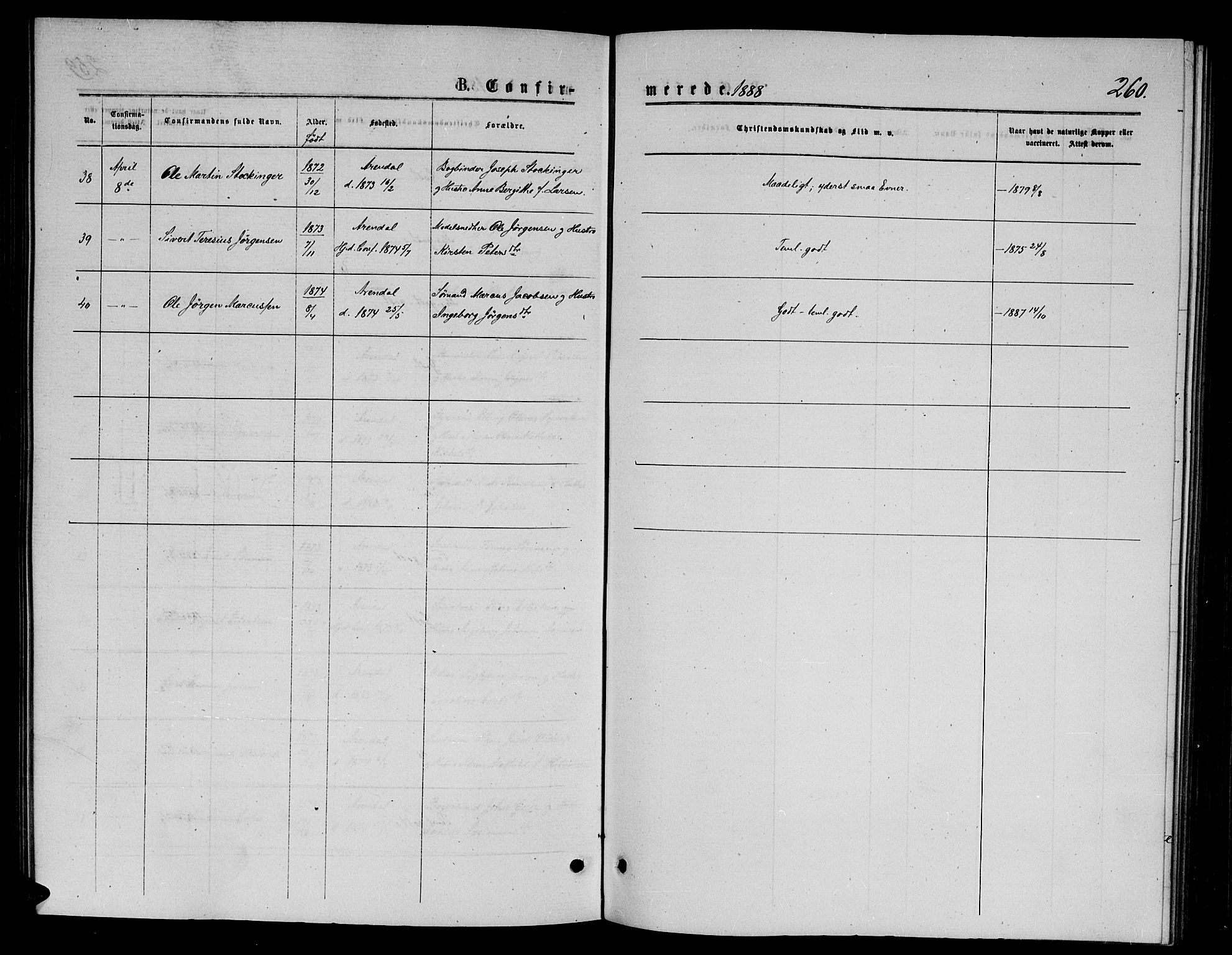 Arendal sokneprestkontor, Trefoldighet, AV/SAK-1111-0040/F/Fb/L0005: Parish register (copy) no. B 5, 1874-1888, p. 260