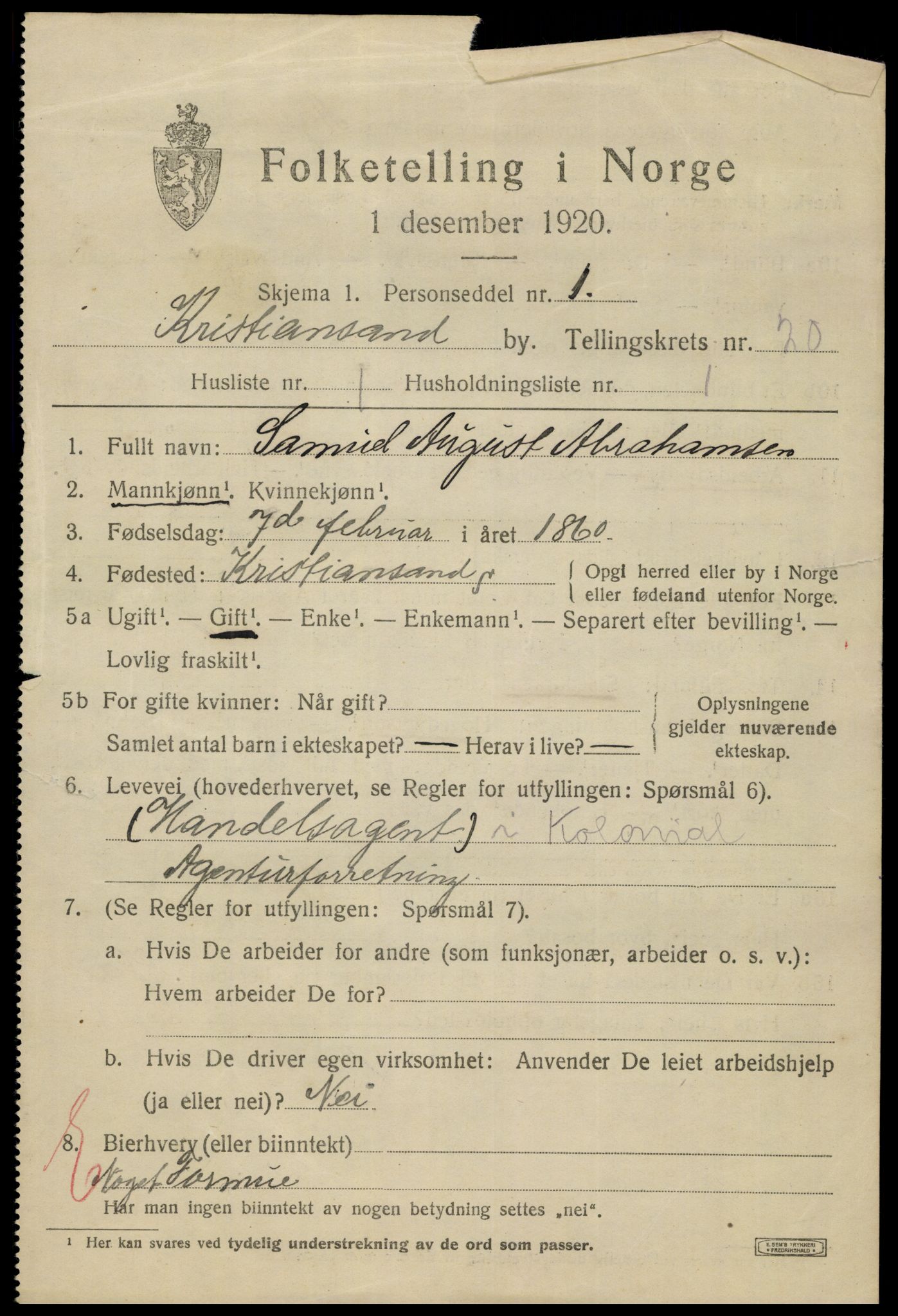 SAK, 1920 census for Kristiansand, 1920, p. 35721