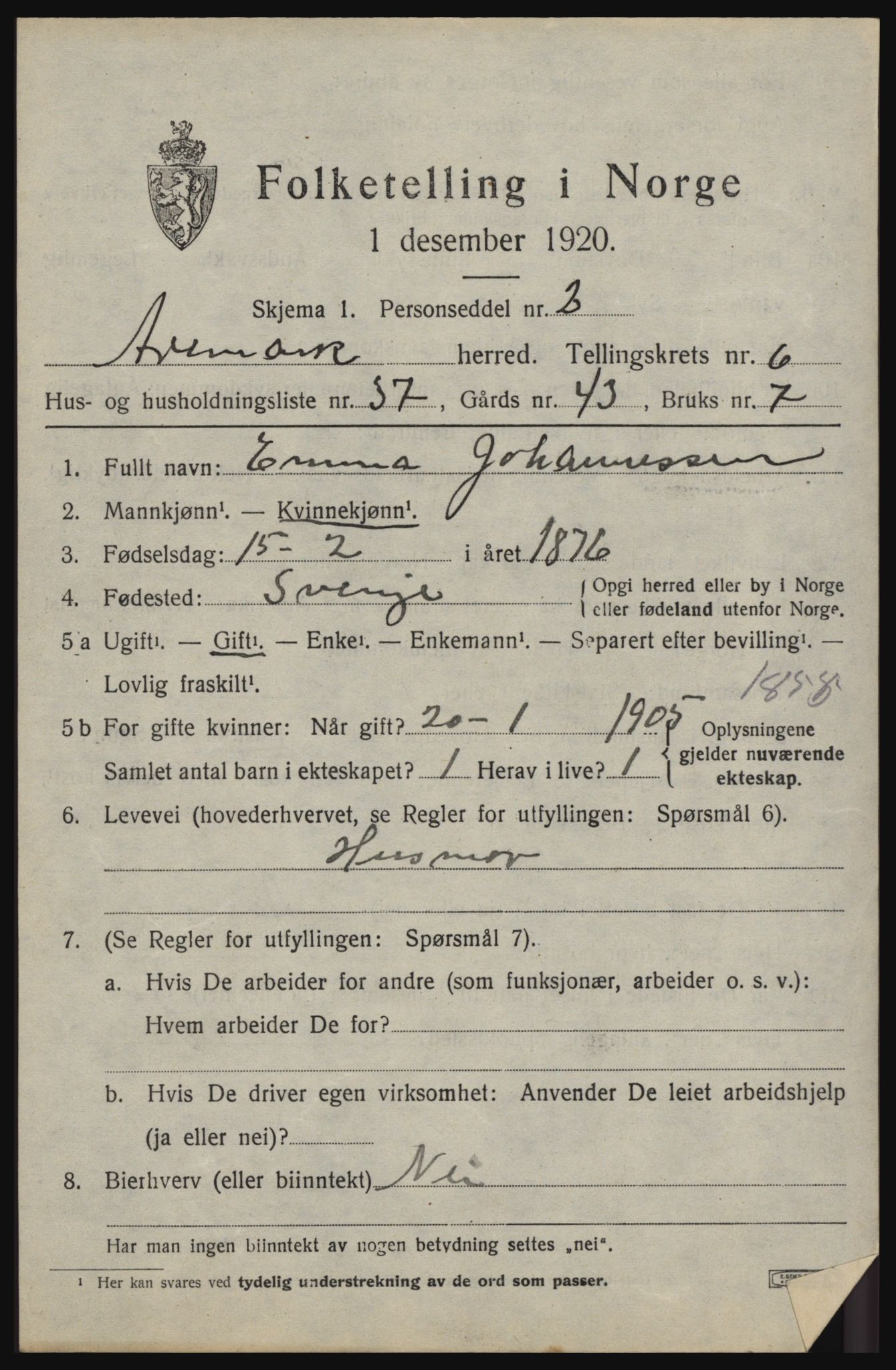 SAO, 1920 census for Aremark, 1920, p. 4159