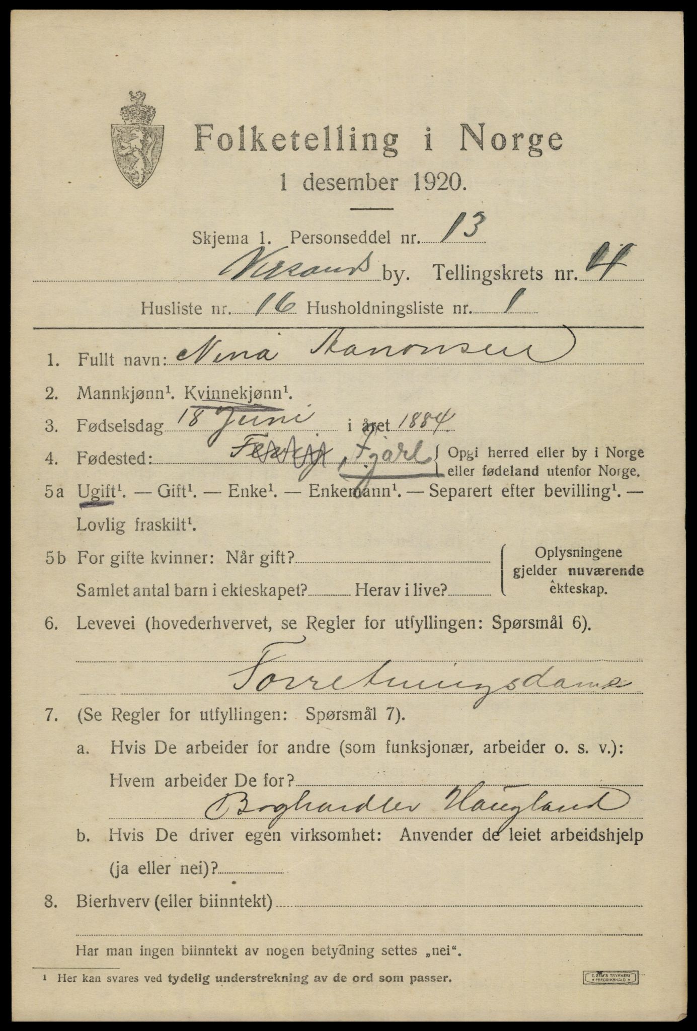 SAK, 1920 census for Kristiansand, 1920, p. 15663