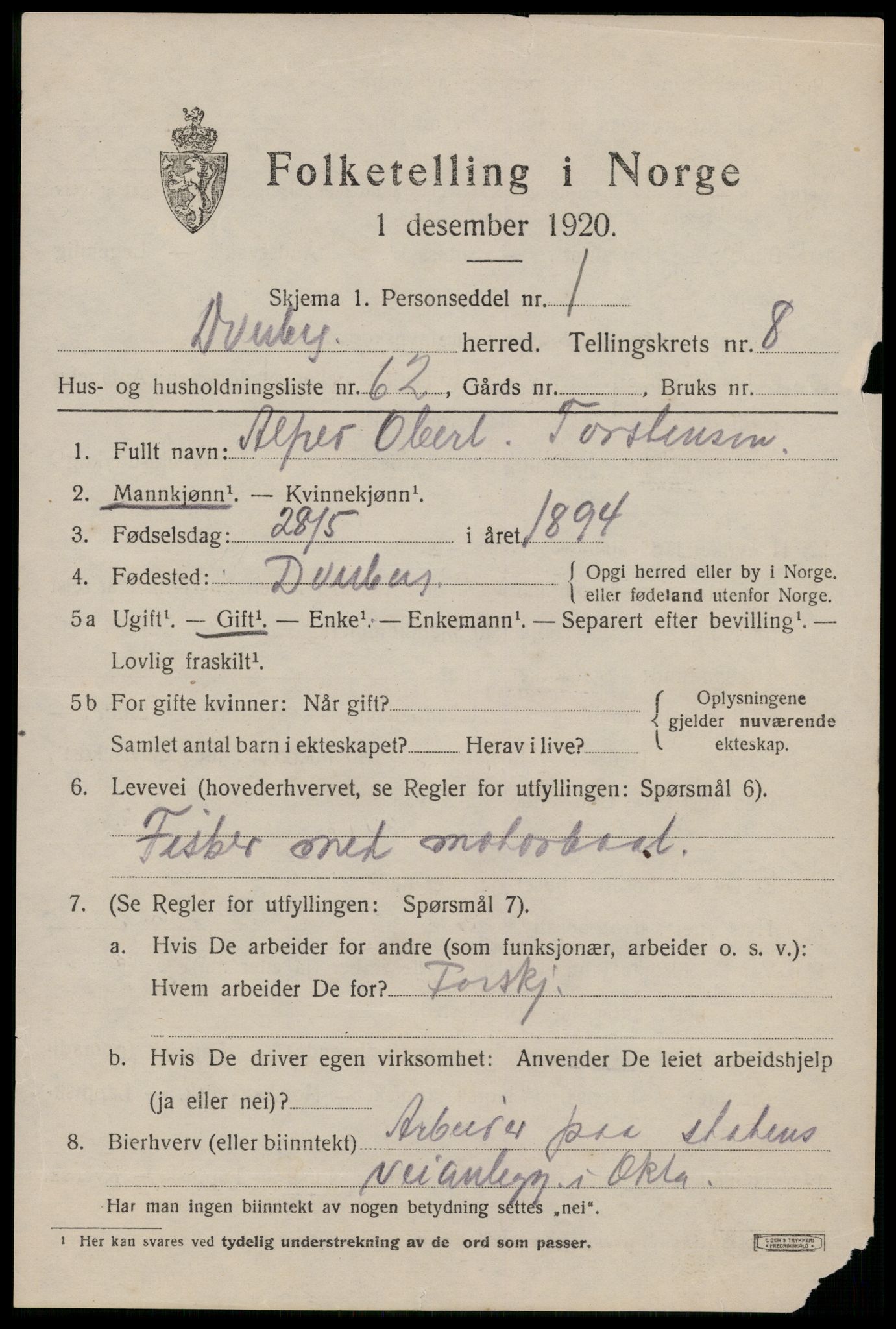 SAT, 1920 census for Dverberg, 1920, p. 7878