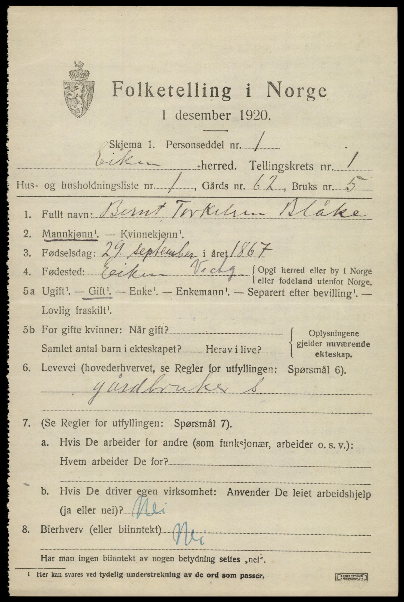 SAK, 1920 census for Eiken, 1920, p. 433