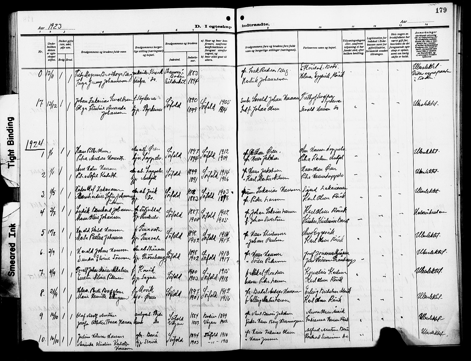 Ministerialprotokoller, klokkerbøker og fødselsregistre - Nordland, AV/SAT-A-1459/854/L0787: Parish register (copy) no. 854C03, 1913-1926, p. 179