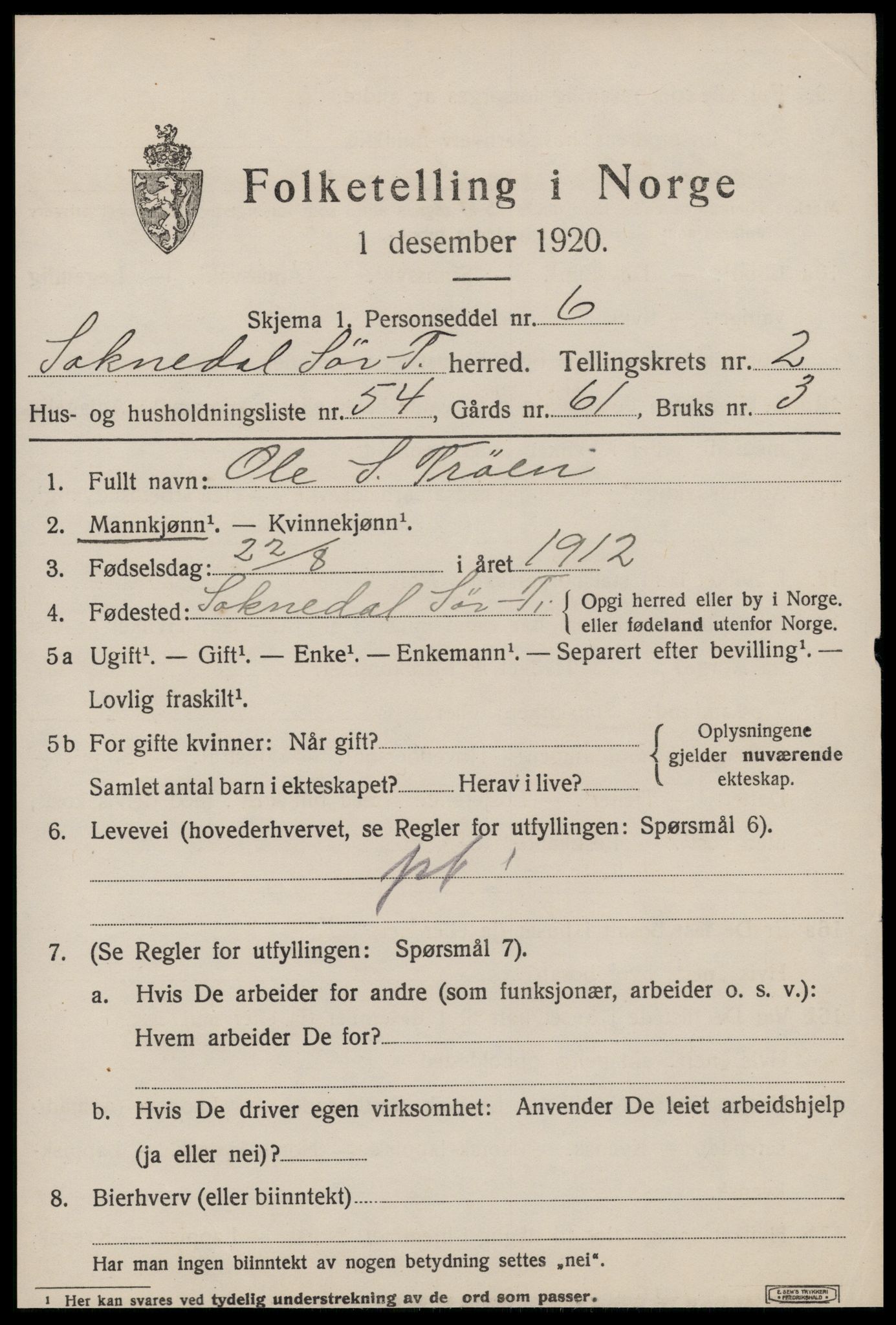 SAT, 1920 census for Soknedal, 1920, p. 1860