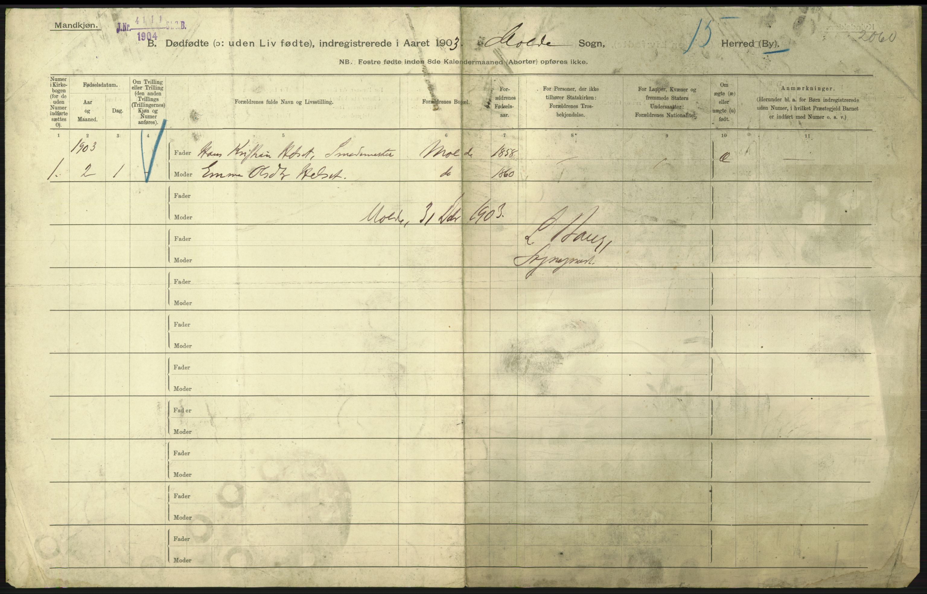 Statistisk sentralbyrå, Sosiodemografiske emner, Befolkning, AV/RA-S-2228/D/Df/Dfa/Dfaa/L0026: Smålenenes - Finnmarkens amt: Dødfødte. Byer., 1903, p. 117