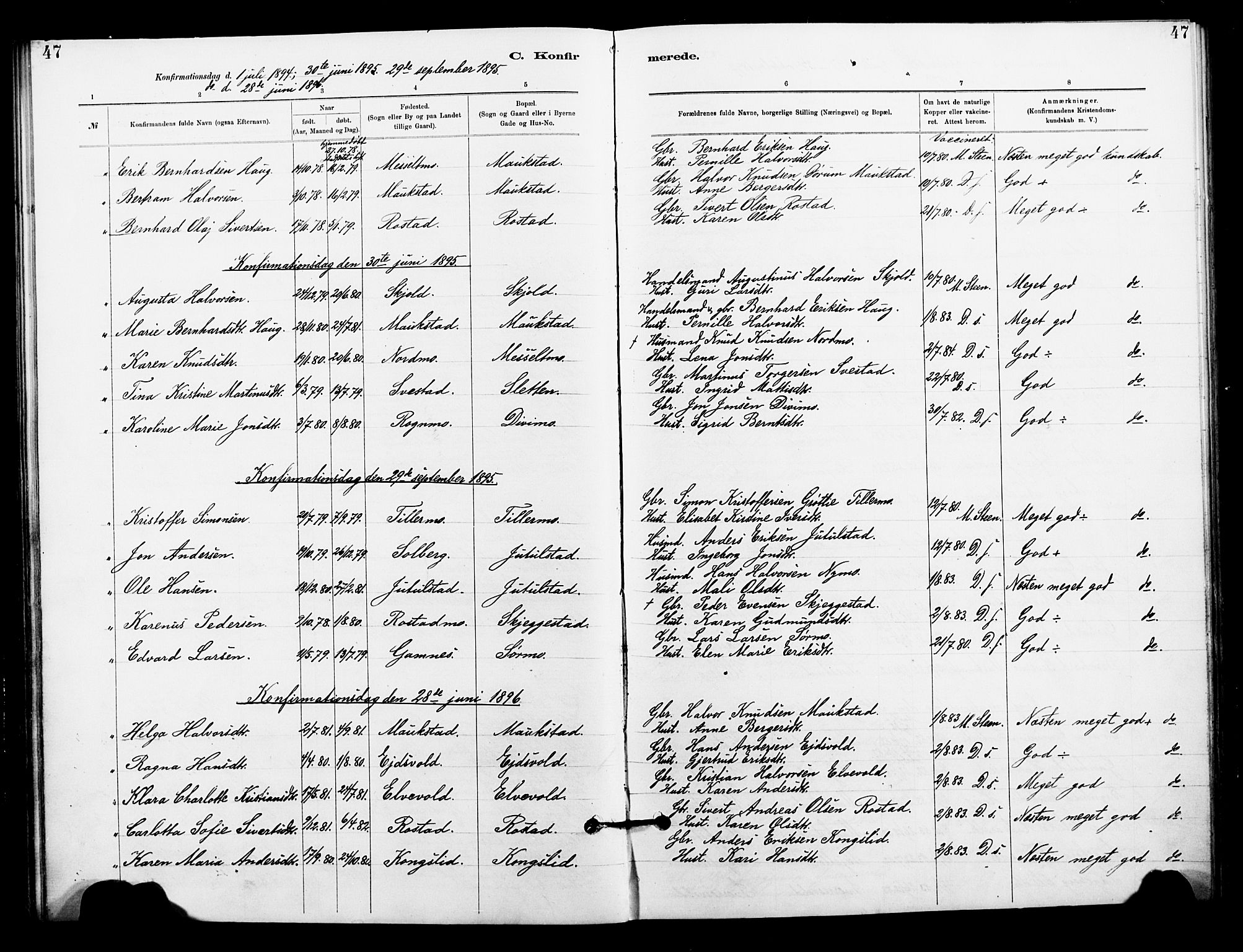 Målselv sokneprestembete, AV/SATØ-S-1311/G/Ga/Gaa/L0006kirke: Parish register (official) no. 6, 1884-1902, p. 47