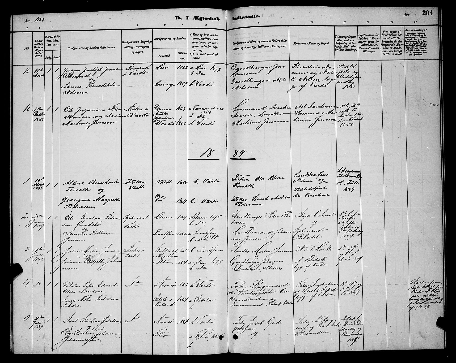 Vardø sokneprestkontor, SATØ/S-1332/H/Hb/L0005klokker: Parish register (copy) no. 5, 1887-1892, p. 204