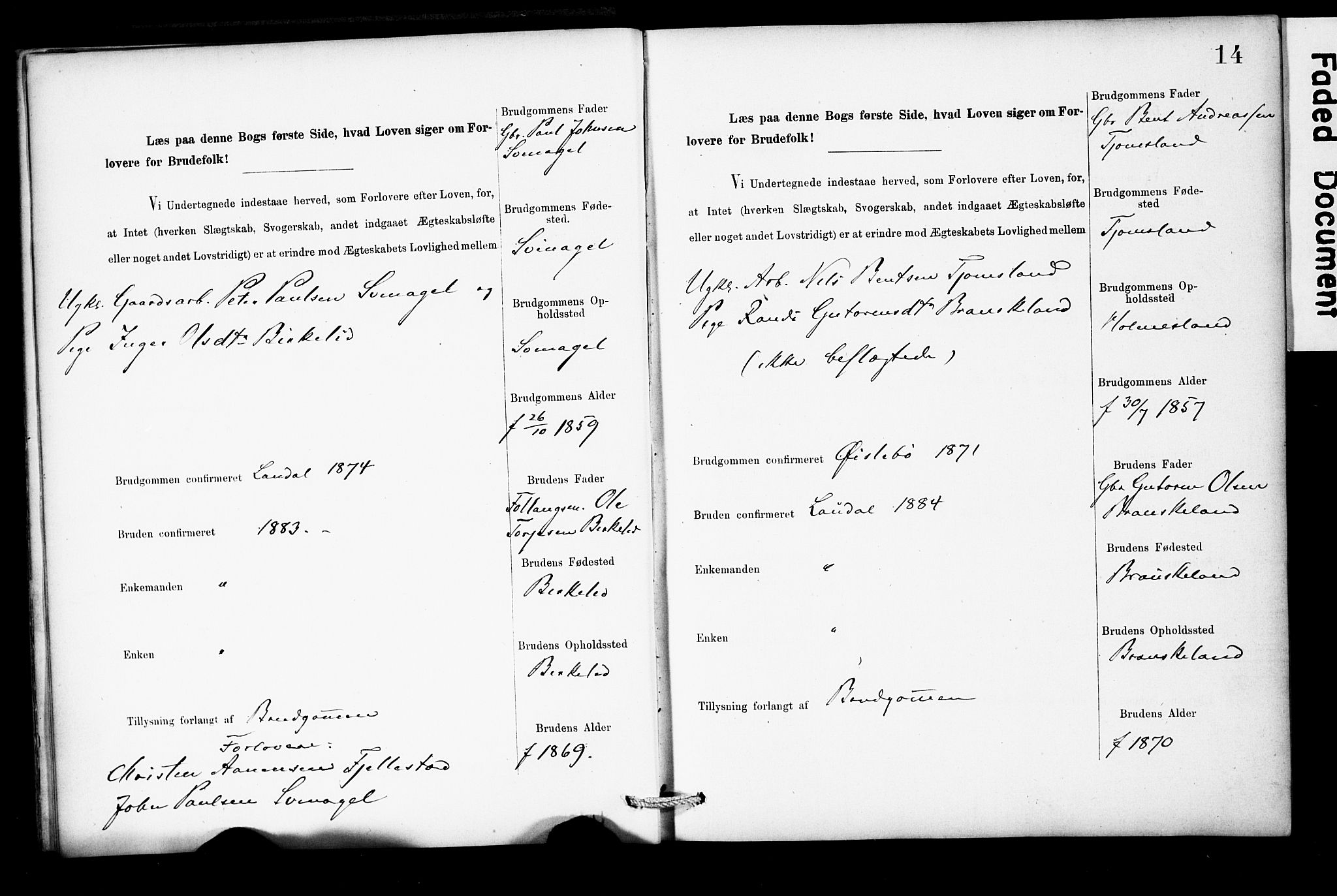 Holum sokneprestkontor, AV/SAK-1111-0022/F/Fe/L0004: Banns register no. II 5 4, 1890-1914, p. 14