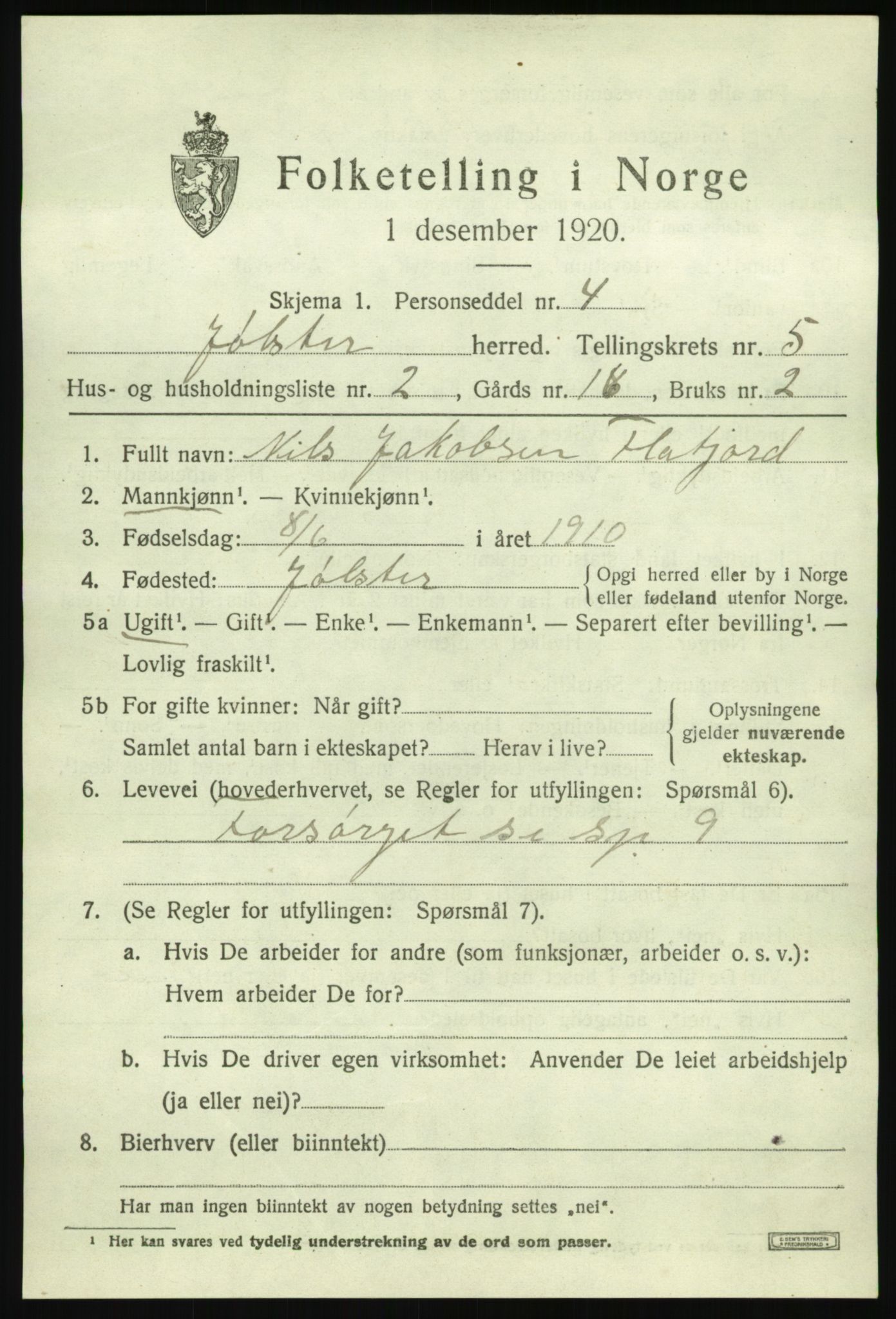 SAB, 1920 census for Jølster, 1920, p. 2946