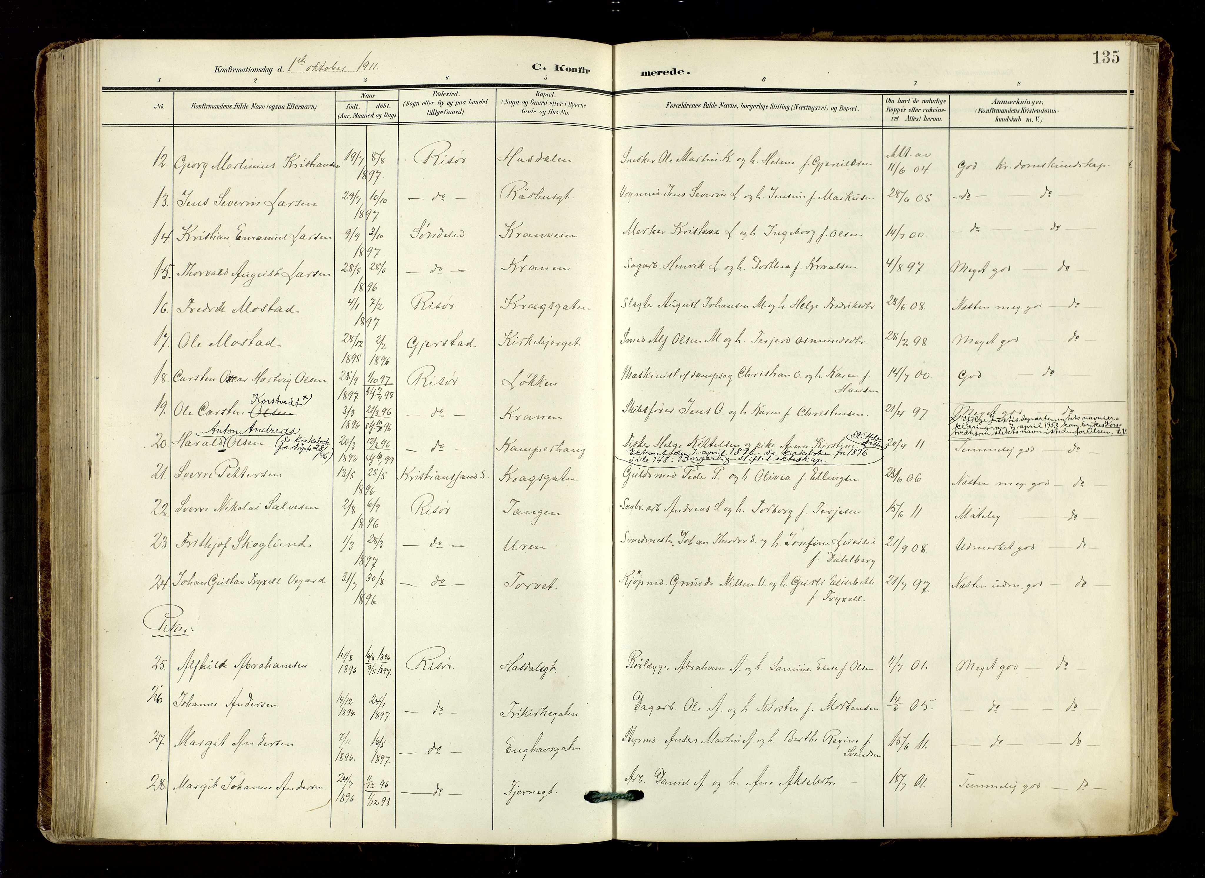 Risør sokneprestkontor, AV/SAK-1111-0035/F/Fa/L0011: Parish register (official) no. A 11, 1907-1920, p. 135