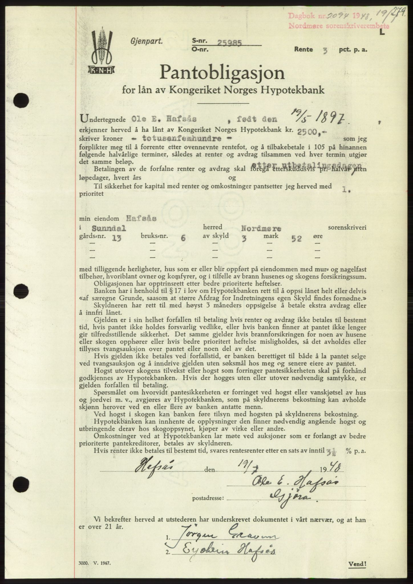 Nordmøre sorenskriveri, AV/SAT-A-4132/1/2/2Ca: Mortgage book no. B99, 1948-1948, Diary no: : 2094/1948