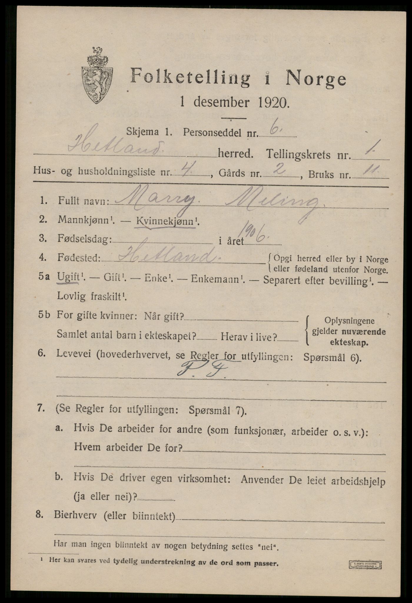 SAST, 1920 census for Hetland, 1920, p. 3609