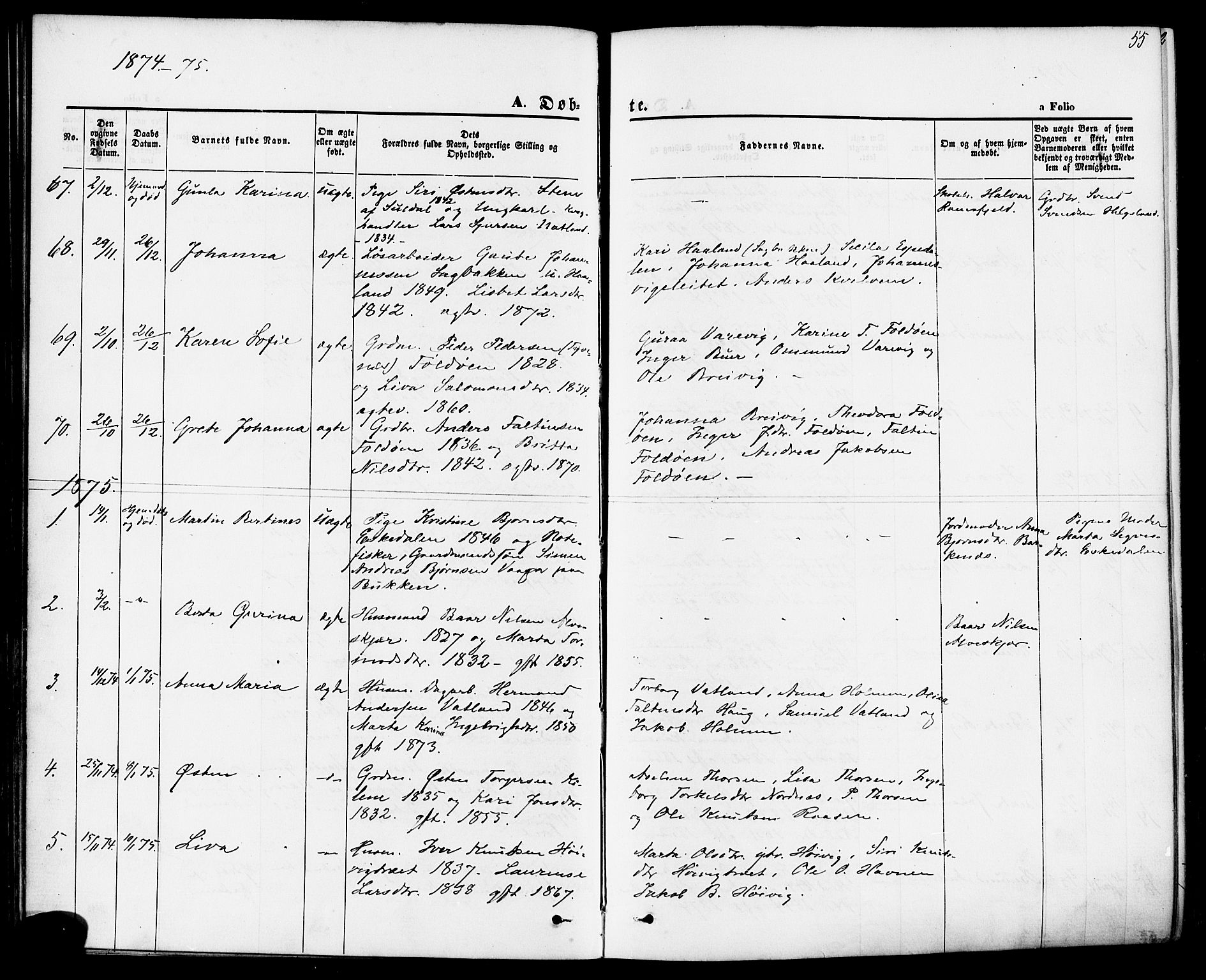 Jelsa sokneprestkontor, AV/SAST-A-101842/01/IV: Parish register (official) no. A 8, 1867-1883, p. 55