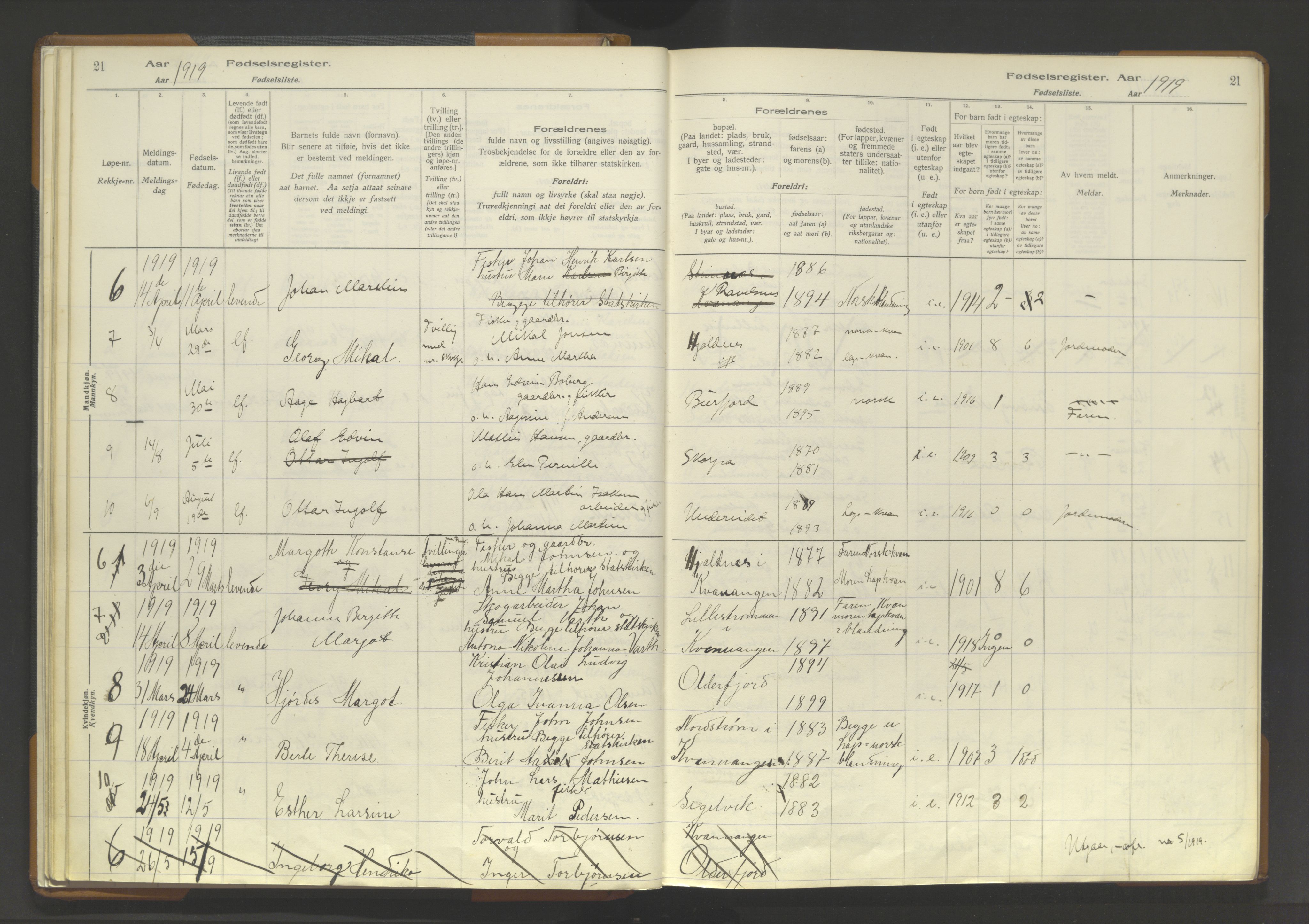 Skjervøy sokneprestkontor, AV/SATØ-S-1300/I/Ia/L0062: Birth register no. 62, 1916-1950, p. 21