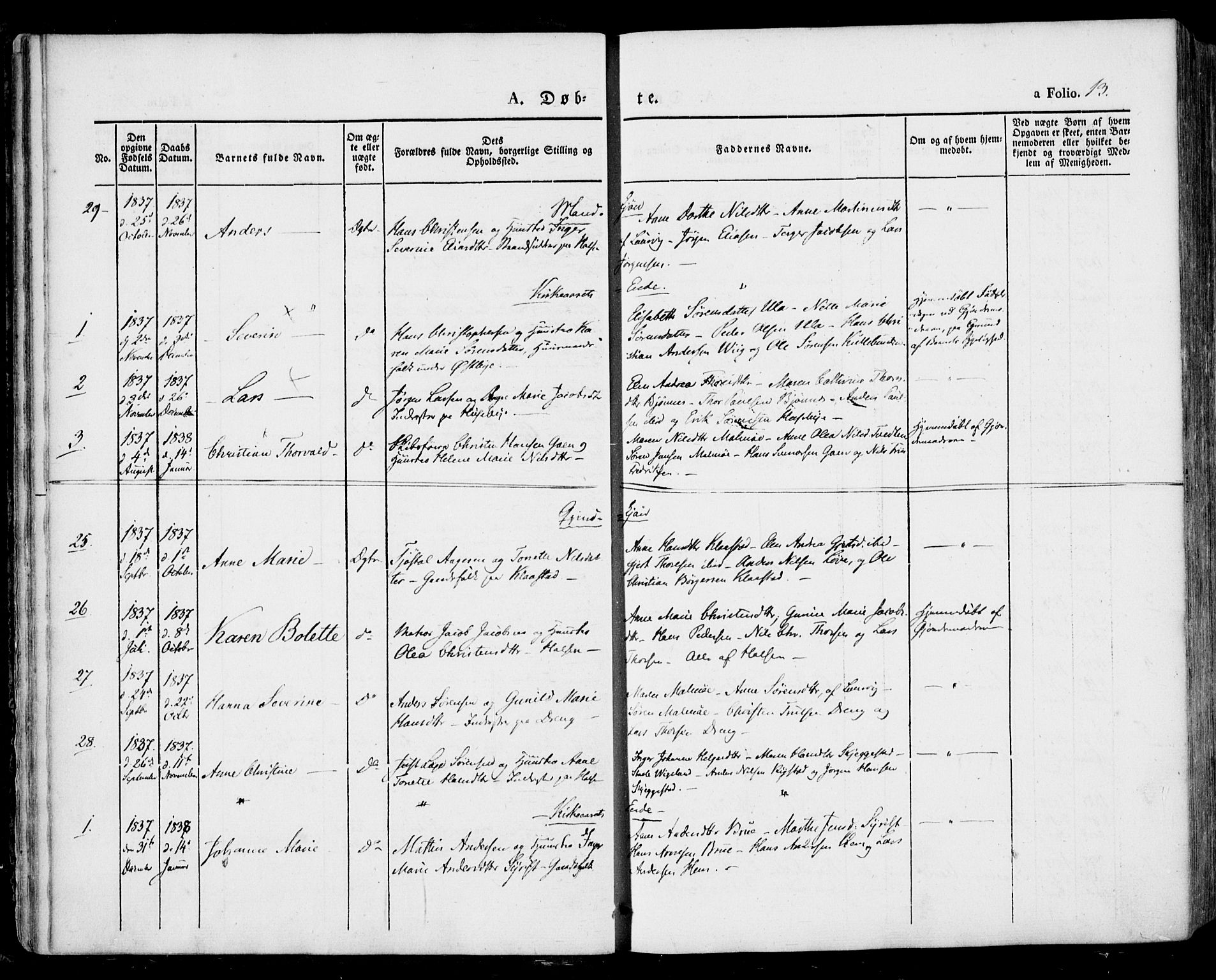 Tjølling kirkebøker, SAKO/A-60/F/Fa/L0006: Parish register (official) no. 6, 1835-1859, p. 13