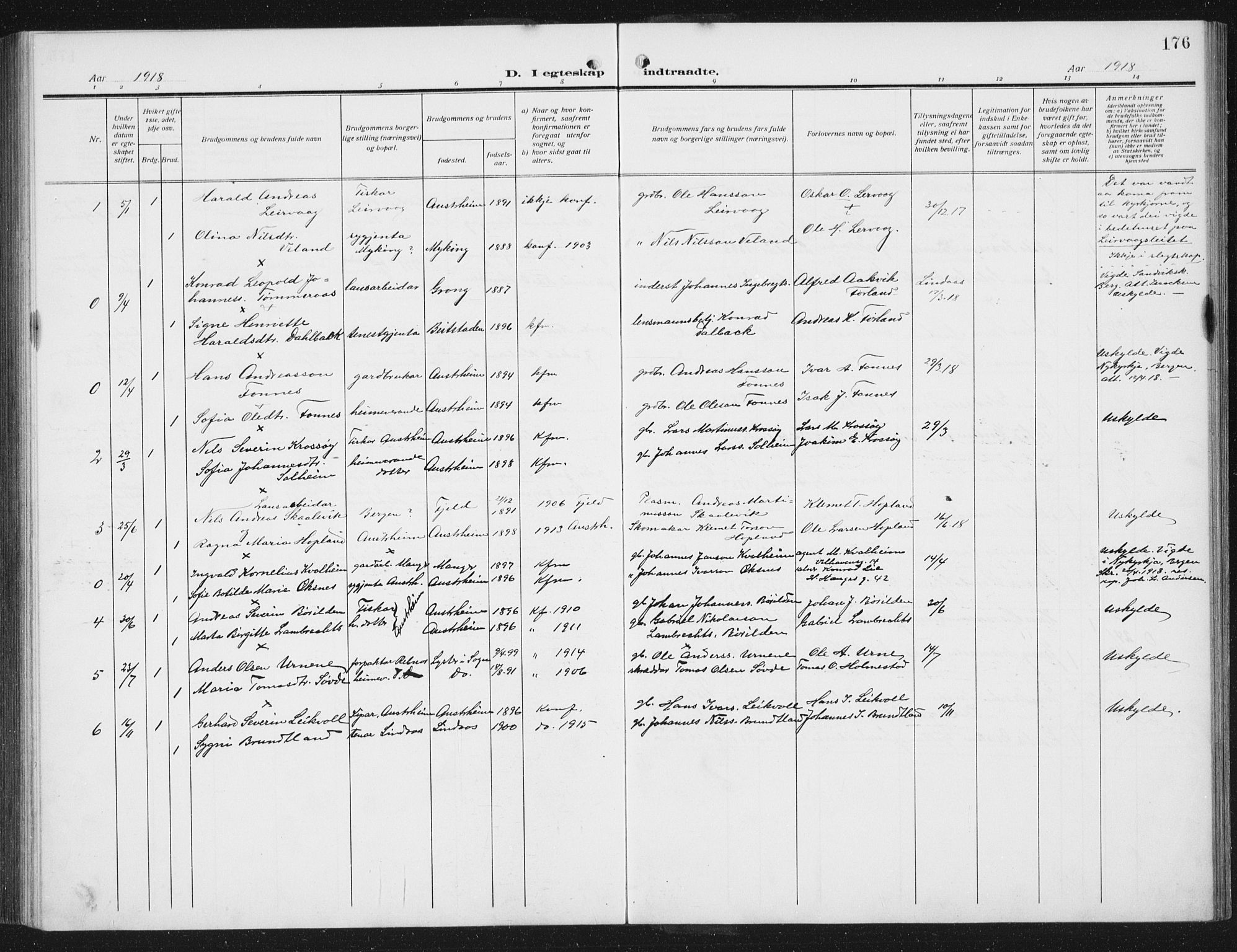 Lindås Sokneprestembete, SAB/A-76701/H/Hab: Parish register (copy) no. C 5, 1910-1927, p. 176