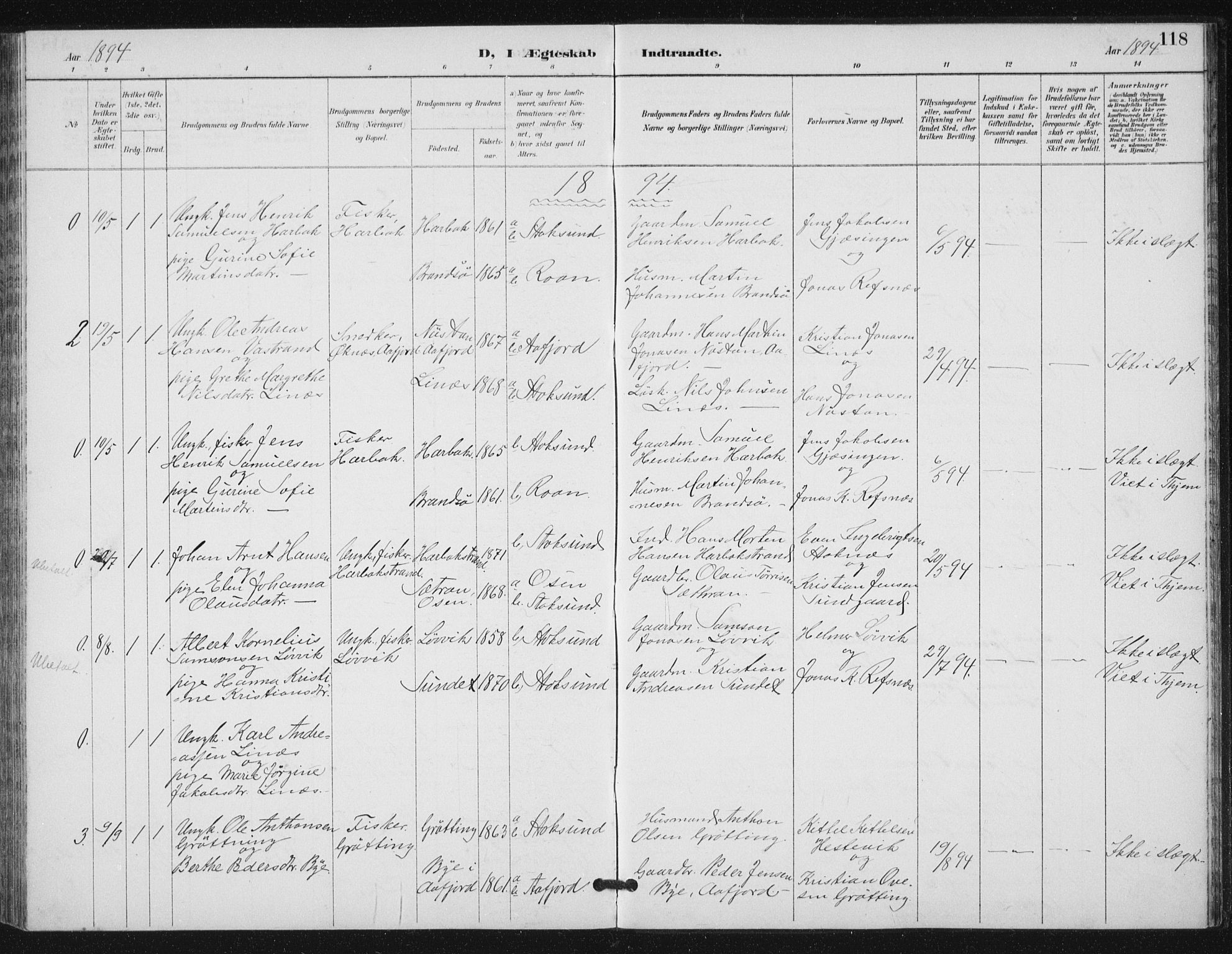 Ministerialprotokoller, klokkerbøker og fødselsregistre - Sør-Trøndelag, SAT/A-1456/656/L0698: Parish register (copy) no. 656C04, 1890-1904, p. 118