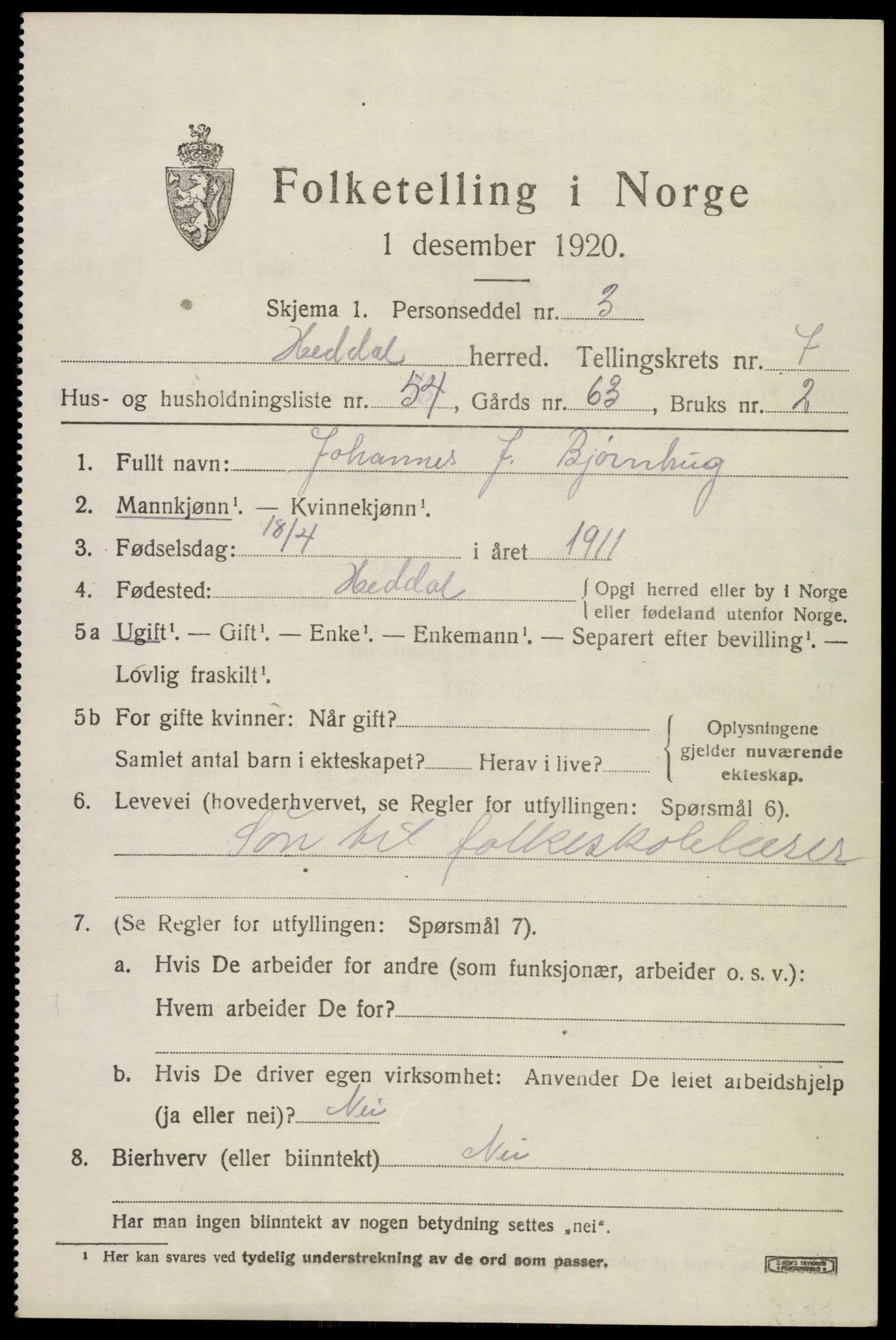 SAKO, 1920 census for Heddal, 1920, p. 6000