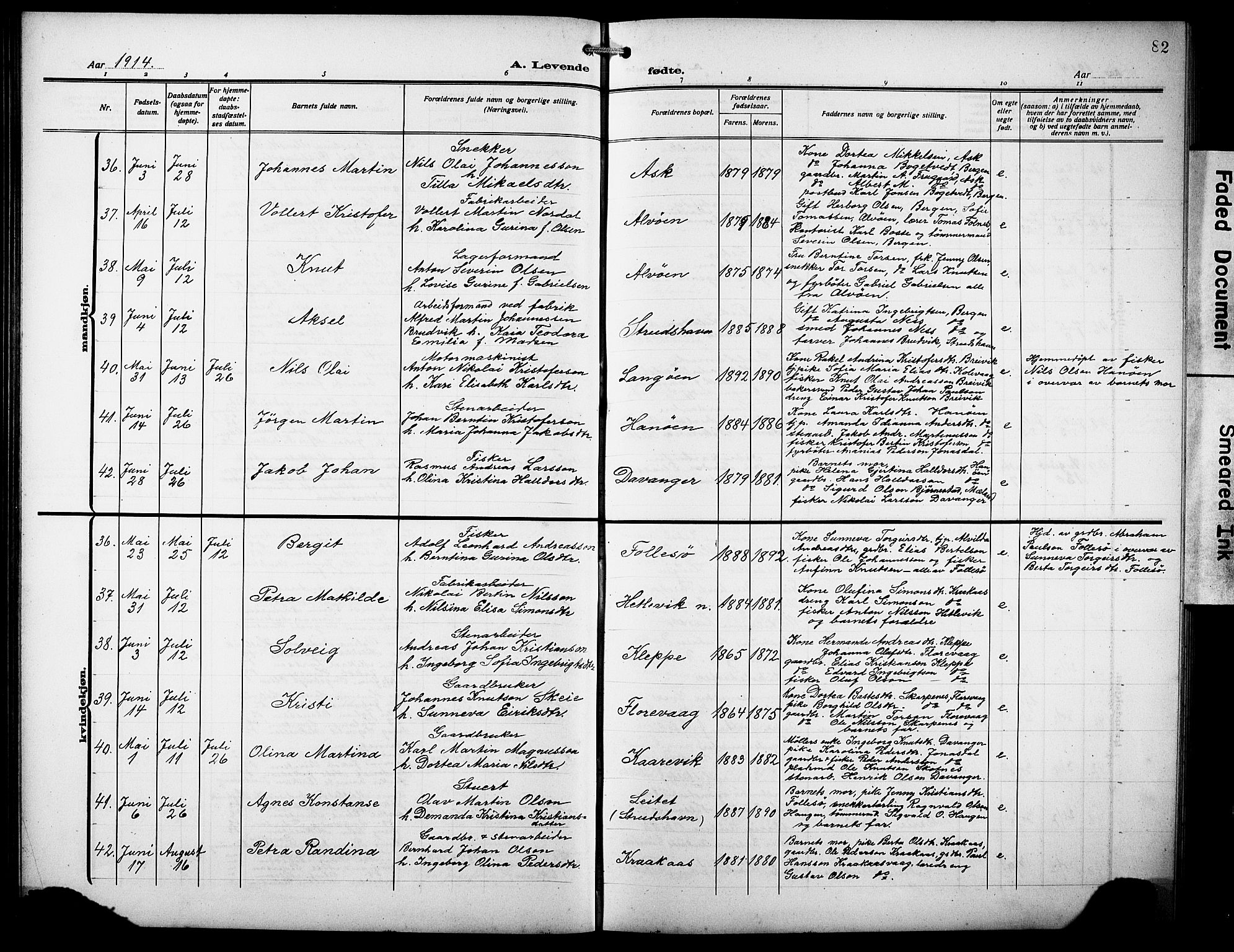 Askøy Sokneprestembete, AV/SAB-A-74101/H/Ha/Hab/Haba/L0011: Parish register (copy) no. A 11, 1908-1931, p. 82