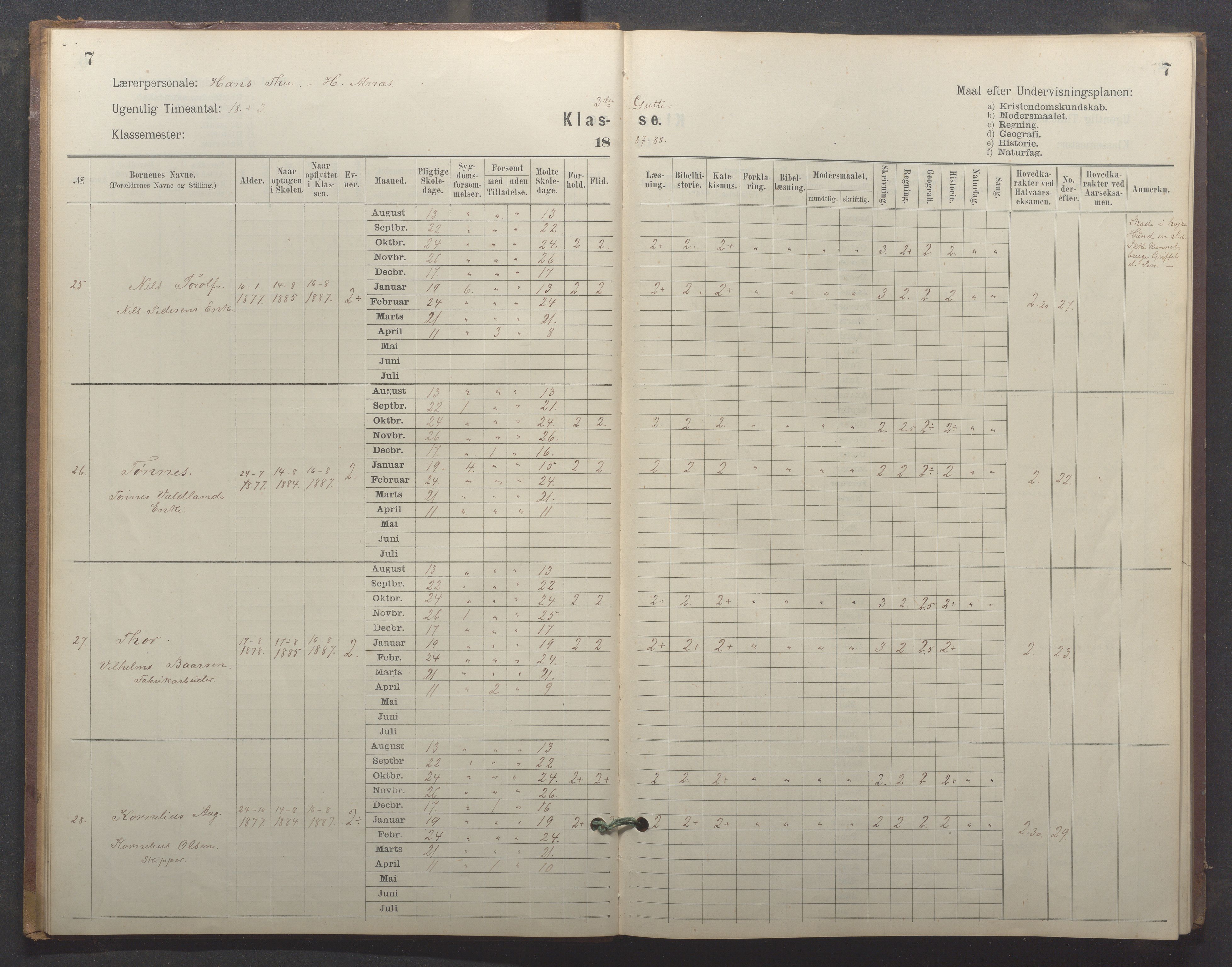 Egersund kommune (Ladested) - Egersund almueskole/folkeskole, IKAR/K-100521/H/L0024: Skoleprotokoll - Almueskolen, 3. klasse, 1887-1892, p. 7