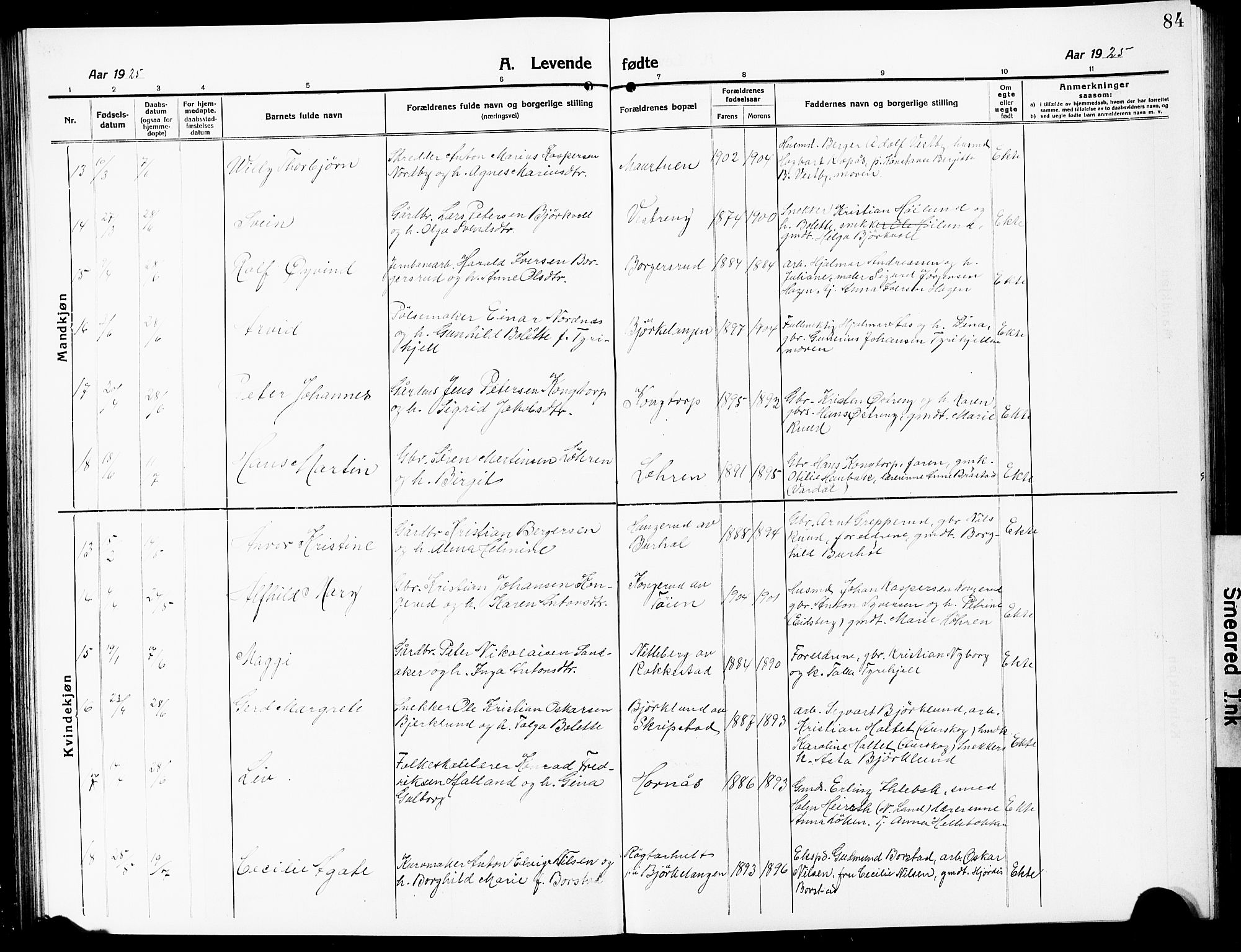 Høland prestekontor Kirkebøker, AV/SAO-A-10346a/G/Ga/L0008: Parish register (copy) no. I 8, 1915-1929, p. 84