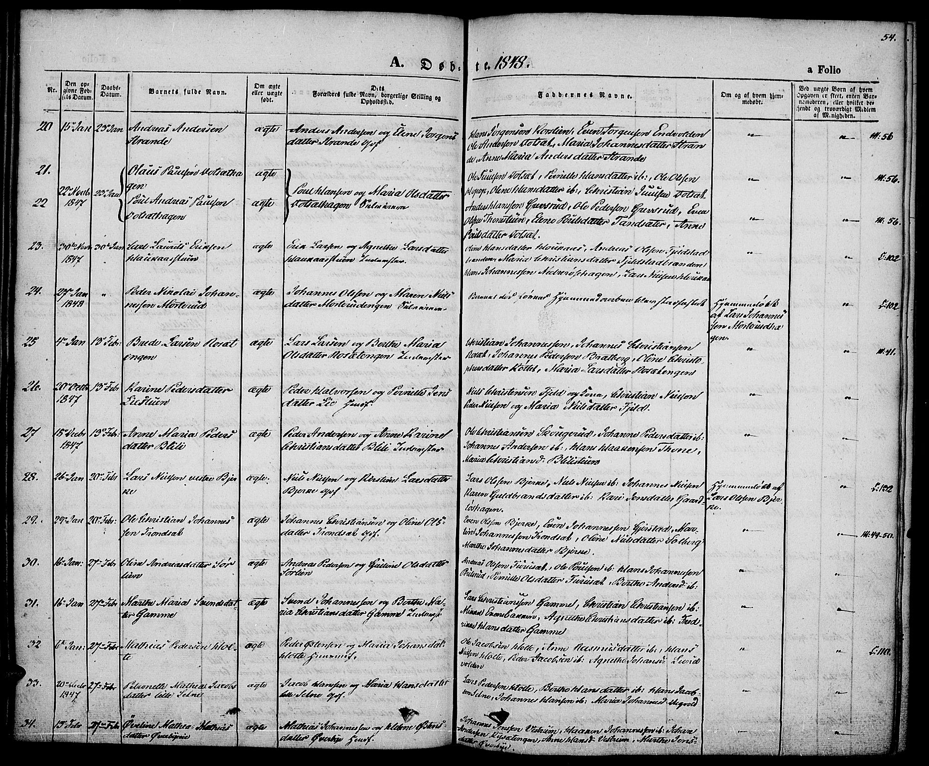 Vestre Toten prestekontor, SAH/PREST-108/H/Ha/Haa/L0004: Parish register (official) no. 4, 1844-1849, p. 54