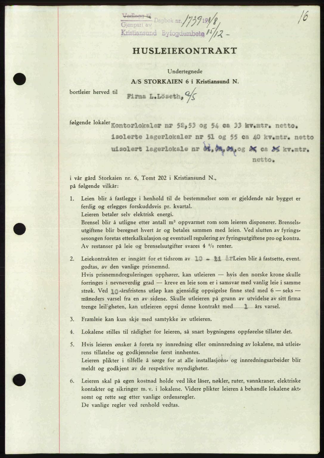 Kristiansund byfogd, AV/SAT-A-4587/A/27: Mortgage book no. 45, 1948-1949, Diary no: : 1739/1948