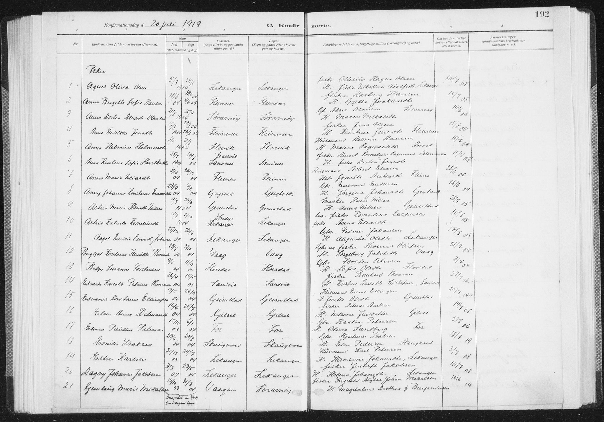 Ministerialprotokoller, klokkerbøker og fødselsregistre - Nordland, AV/SAT-A-1459/805/L0104: Parish register (official) no. 805A09, 1909-1926, p. 192