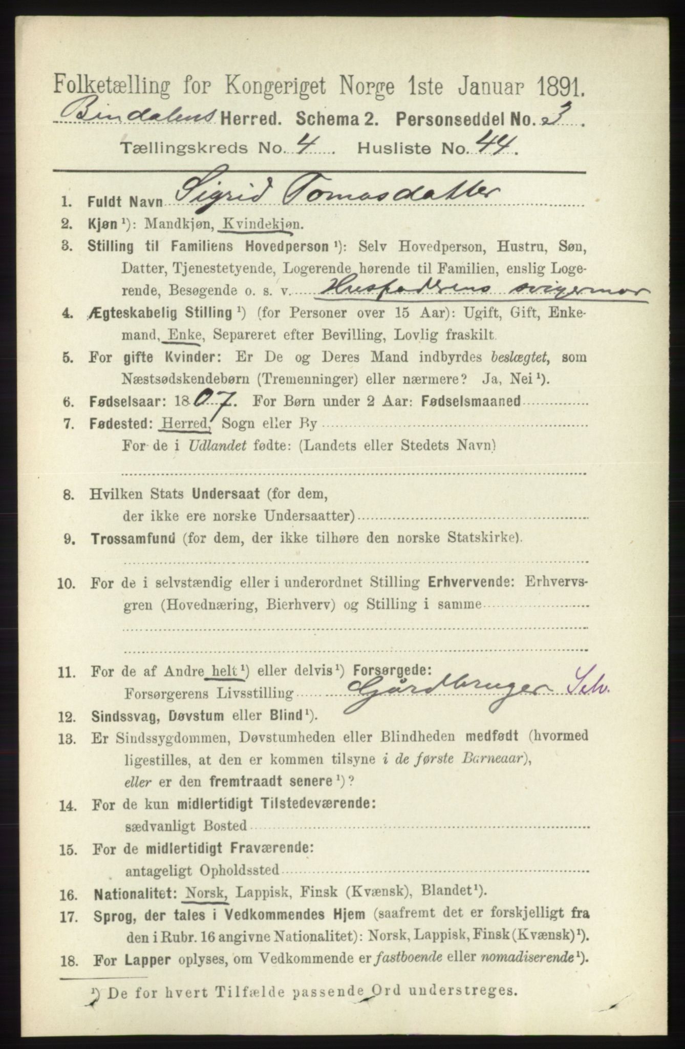 RA, 1891 census for 1811 Bindal, 1891, p. 1285