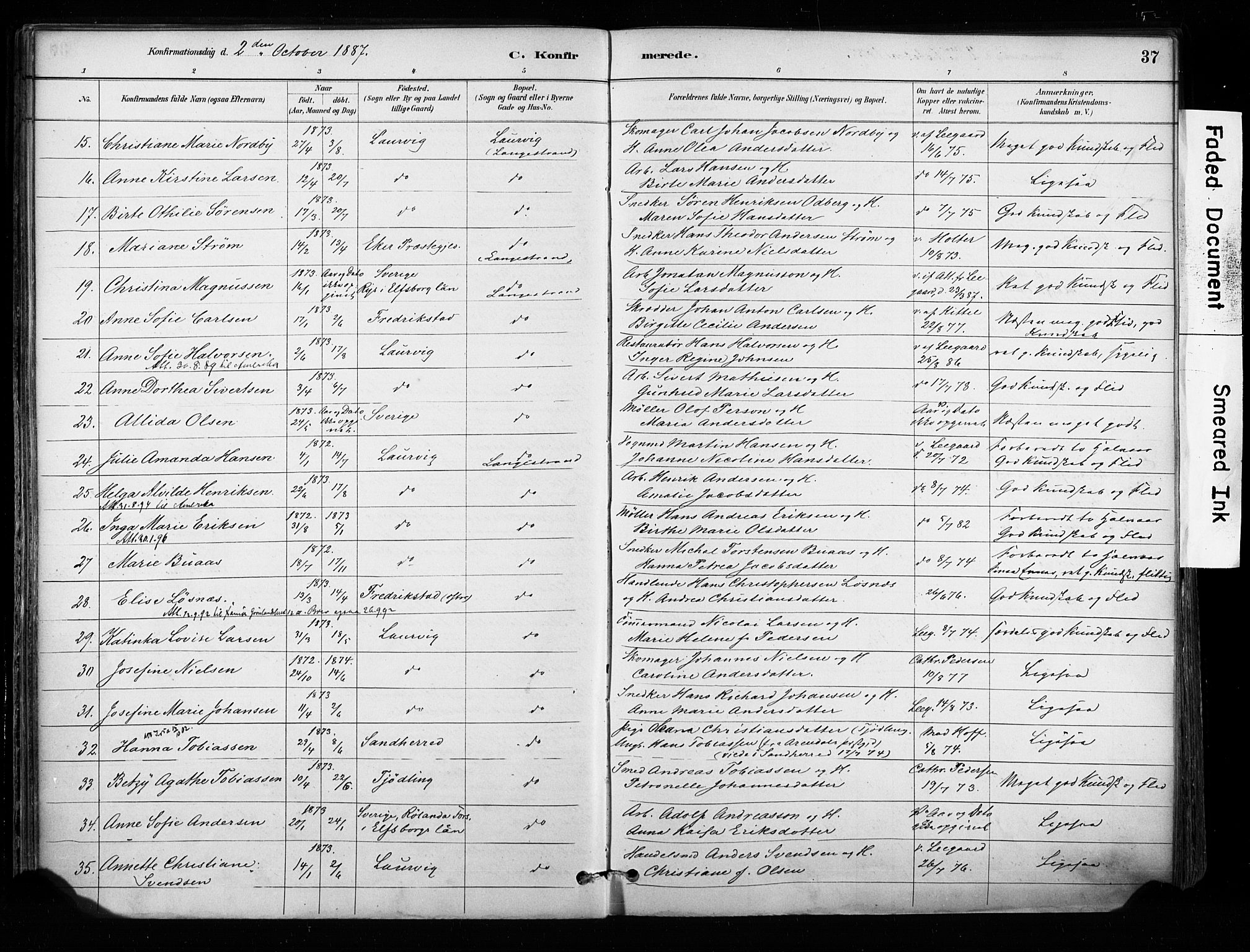 Larvik kirkebøker, AV/SAKO-A-352/F/Fa/L0008: Parish register (official) no. I 8, 1884-1902, p. 37