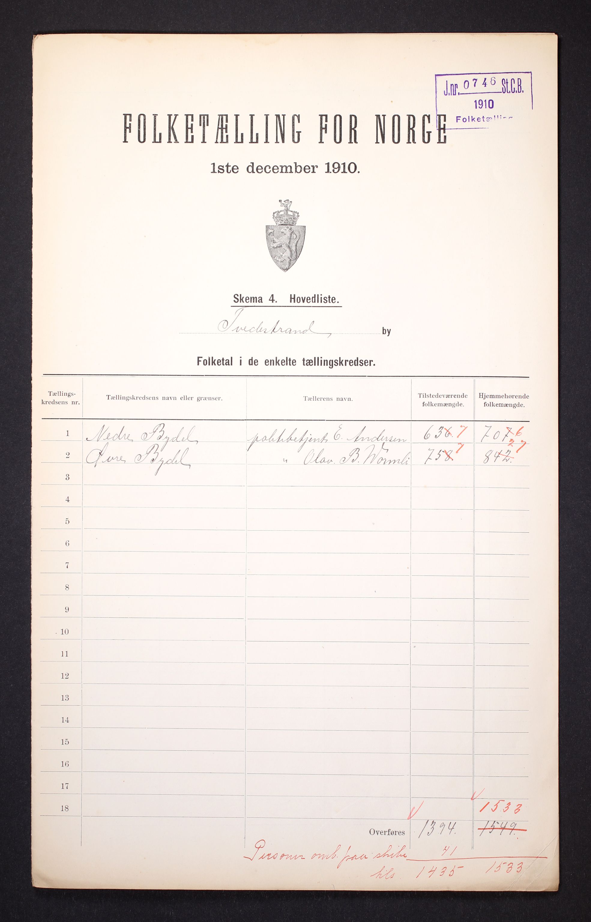 RA, 1910 census for Tvedestrand, 1910, p. 2
