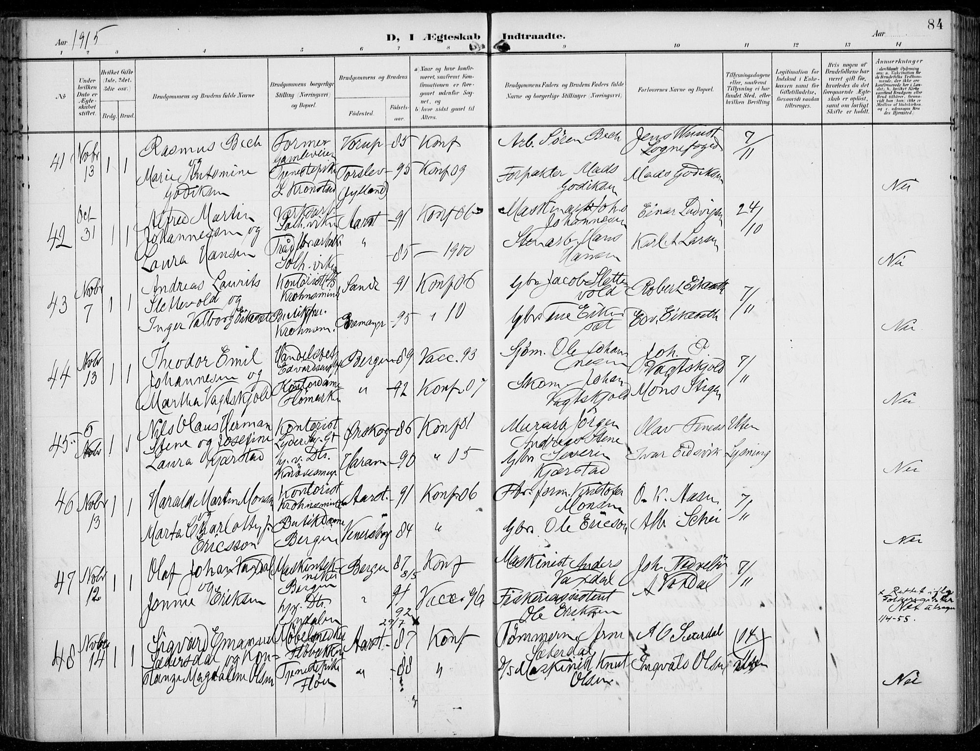 Årstad Sokneprestembete, AV/SAB-A-79301/H/Haa/L0009: Parish register (official) no. C 1, 1902-1918, p. 84