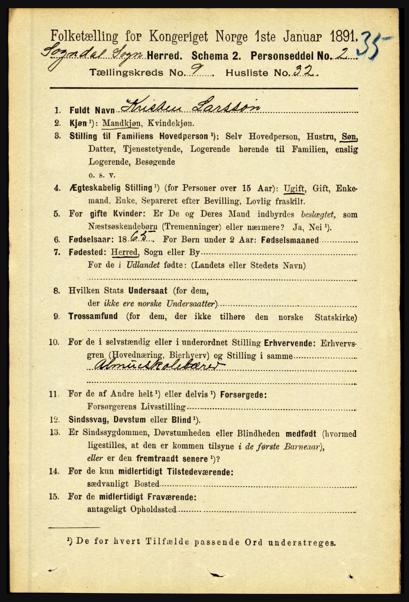 RA, 1891 census for 1420 Sogndal, 1891, p. 3889