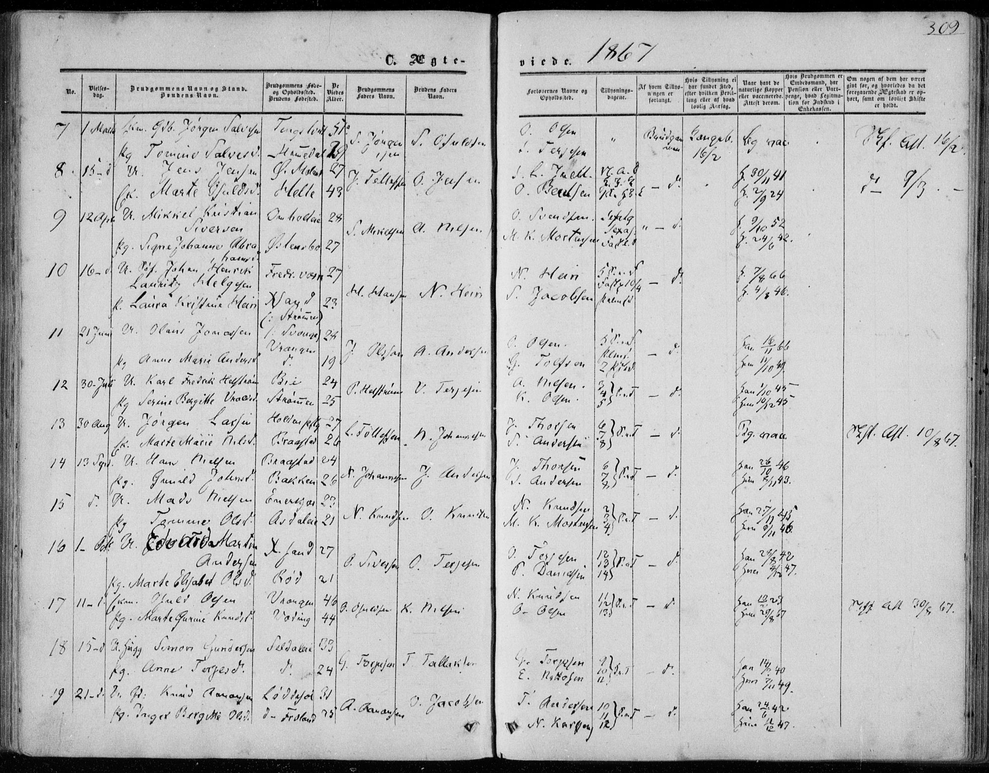 Øyestad sokneprestkontor, SAK/1111-0049/F/Fa/L0015: Parish register (official) no. A 15, 1857-1873, p. 309