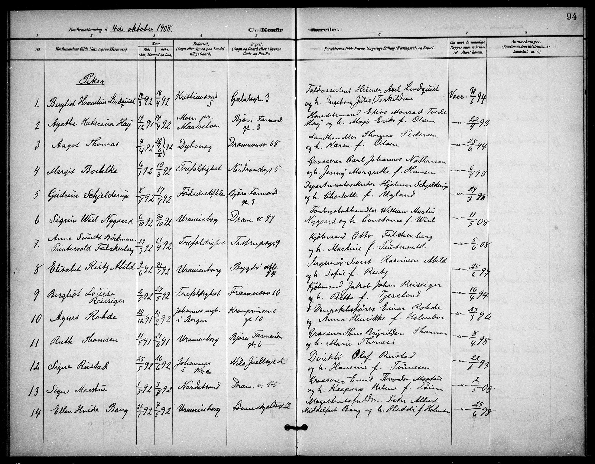 Frogner prestekontor Kirkebøker, AV/SAO-A-10886/F/Fa/L0001: Parish register (official) no. 1, 1898-1916, p. 94