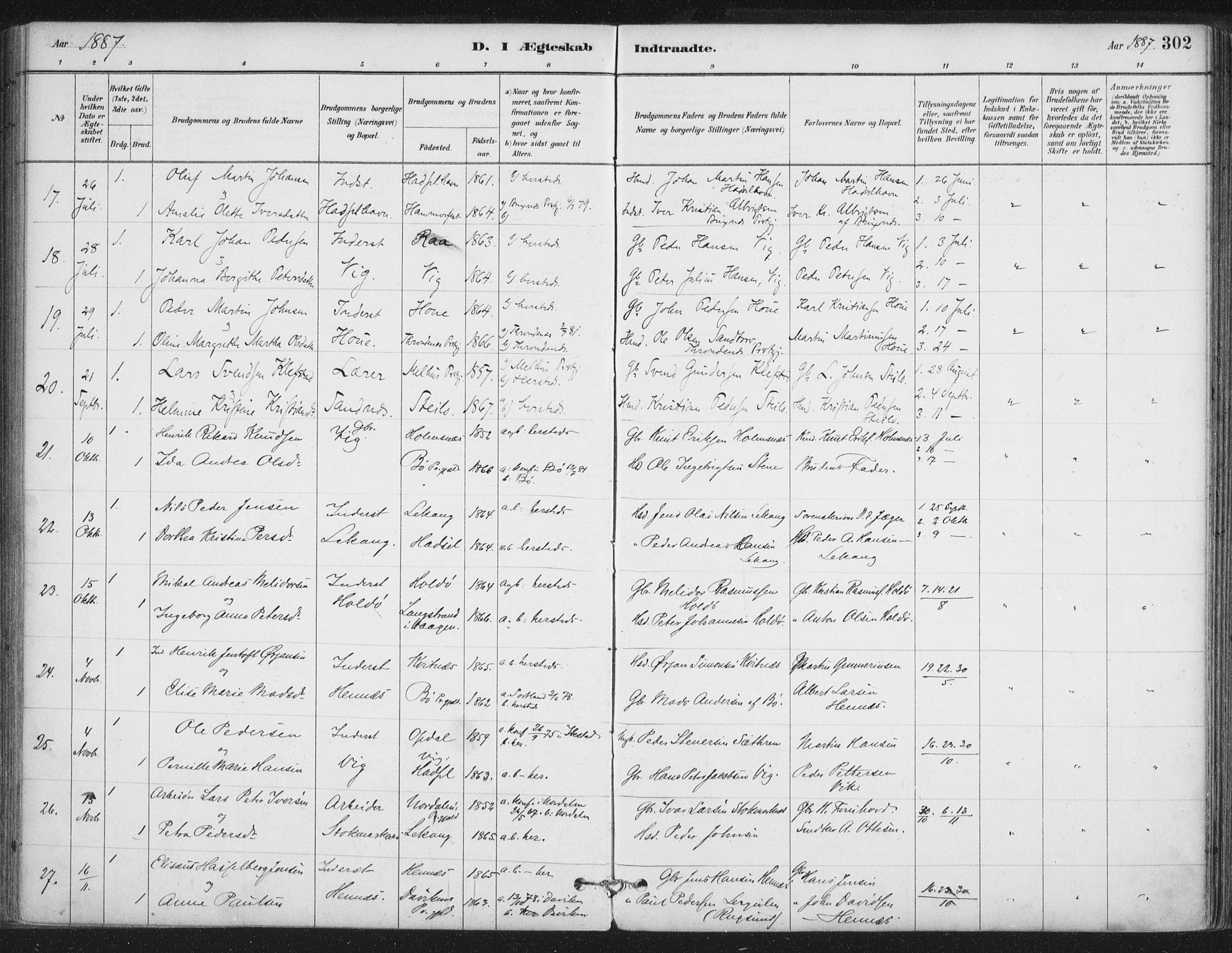 Ministerialprotokoller, klokkerbøker og fødselsregistre - Nordland, AV/SAT-A-1459/888/L1244: Parish register (official) no. 888A10, 1880-1890, p. 302