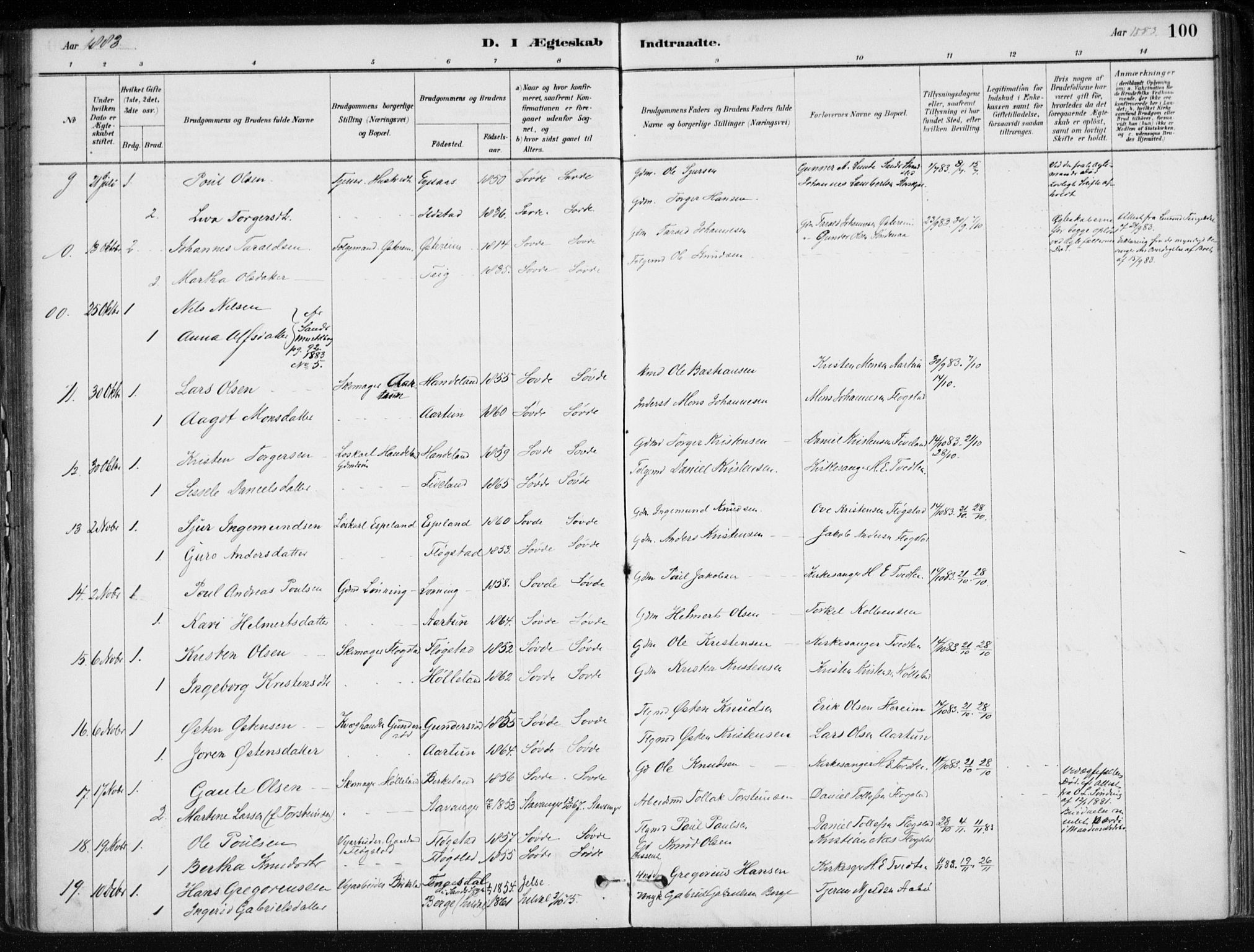 Sand sokneprestkontor, AV/SAST-A-101848/01/III/L0006: Parish register (official) no. A 6, 1880-1898, p. 100