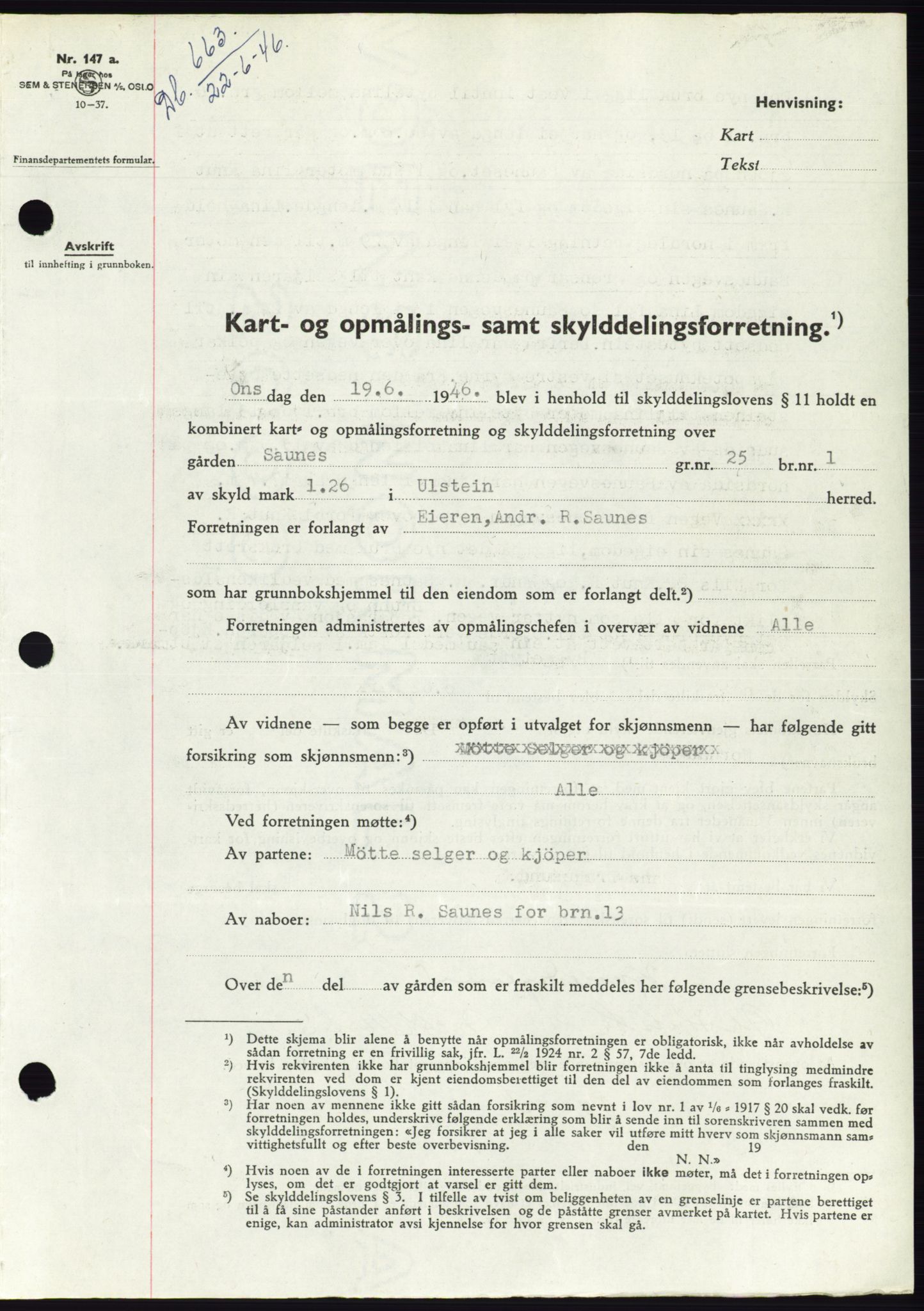 Søre Sunnmøre sorenskriveri, AV/SAT-A-4122/1/2/2C/L0078: Mortgage book no. 4A, 1946-1946, Diary no: : 663/1946