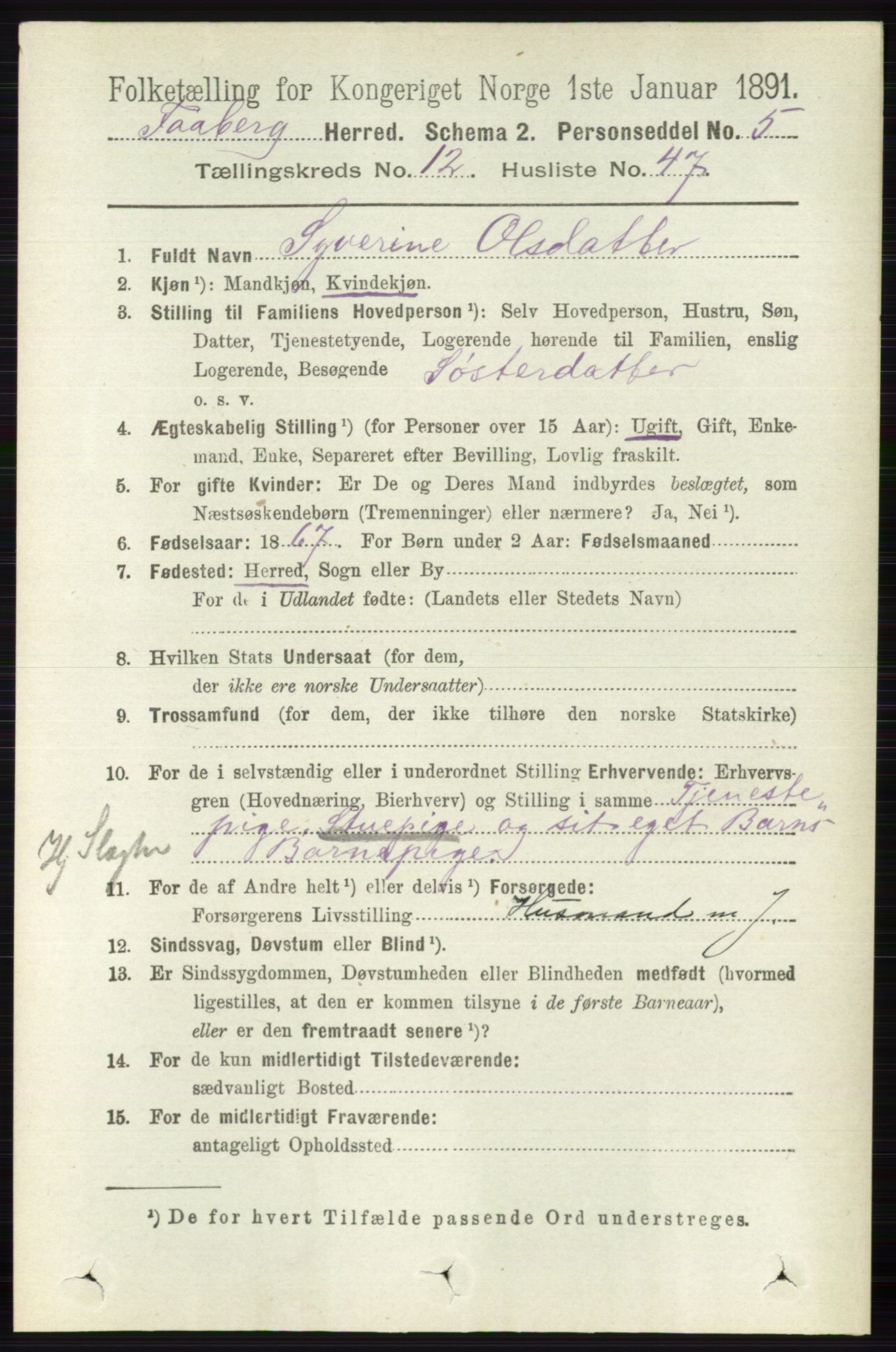 RA, 1891 census for 0524 Fåberg, 1891, p. 5012