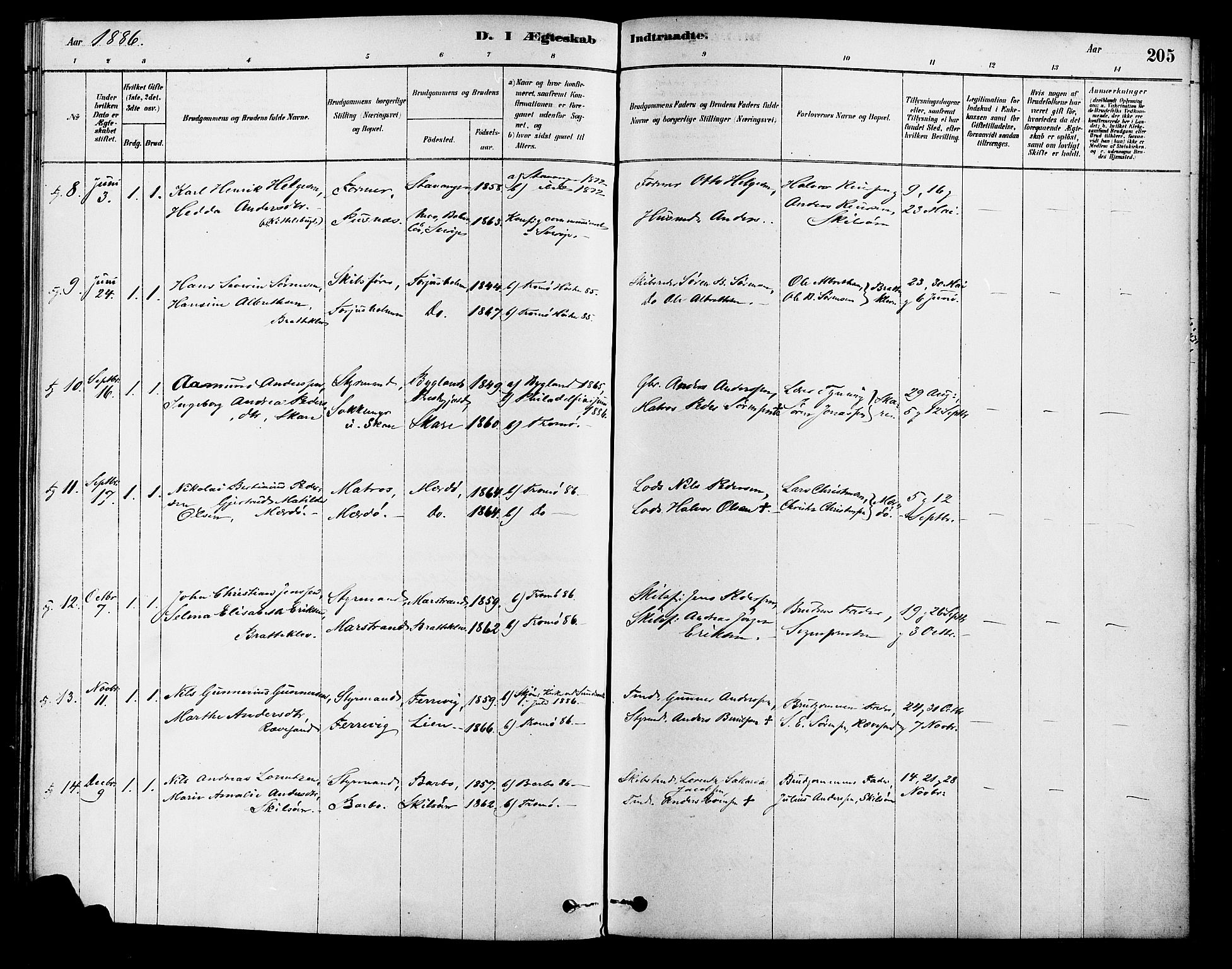 Tromøy sokneprestkontor, AV/SAK-1111-0041/F/Fa/L0009: Parish register (official) no. A 9, 1878-1896, p. 205