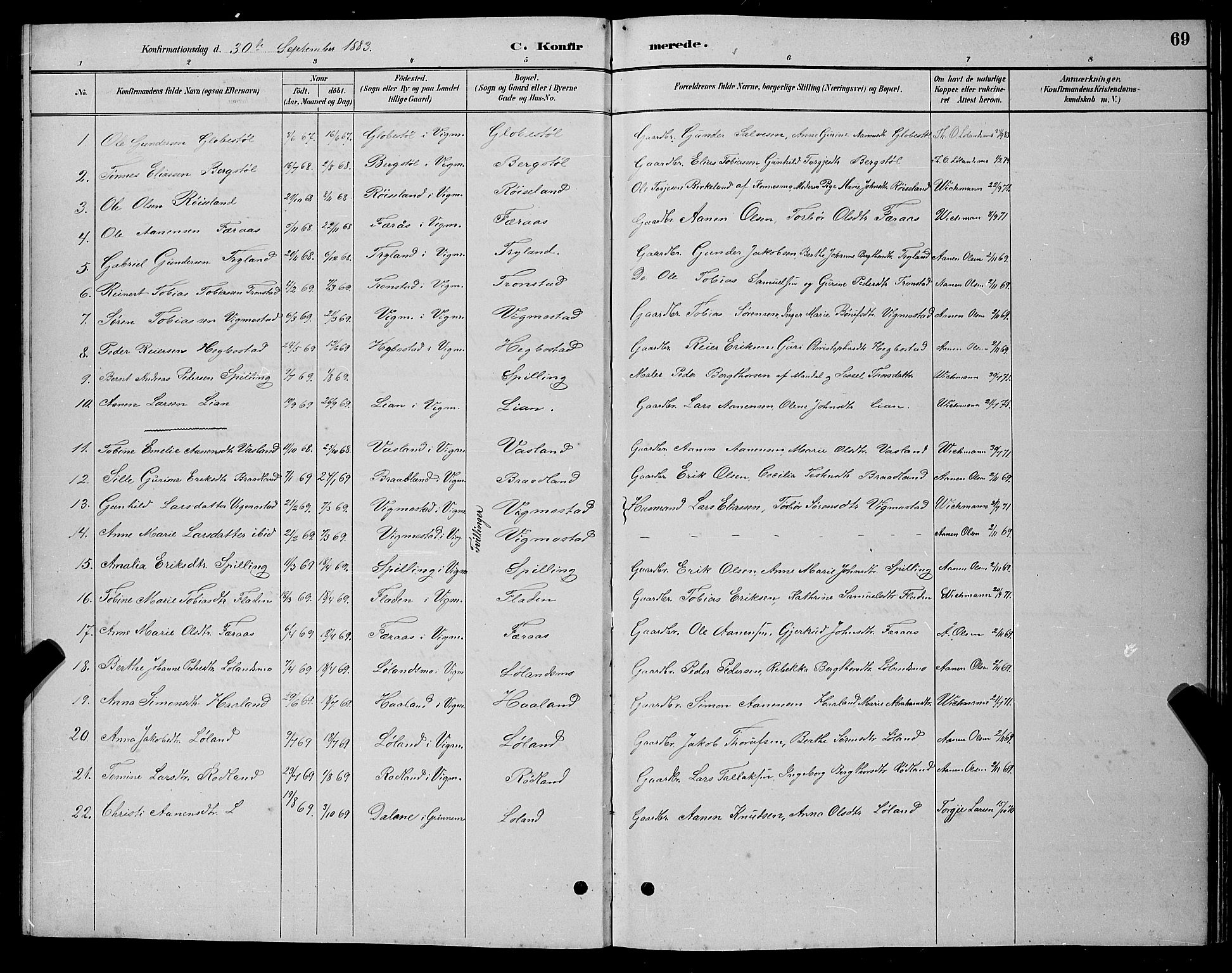 Nord-Audnedal sokneprestkontor, SAK/1111-0032/F/Fb/Fbb/L0003: Parish register (copy) no. B 3, 1882-1900, p. 69