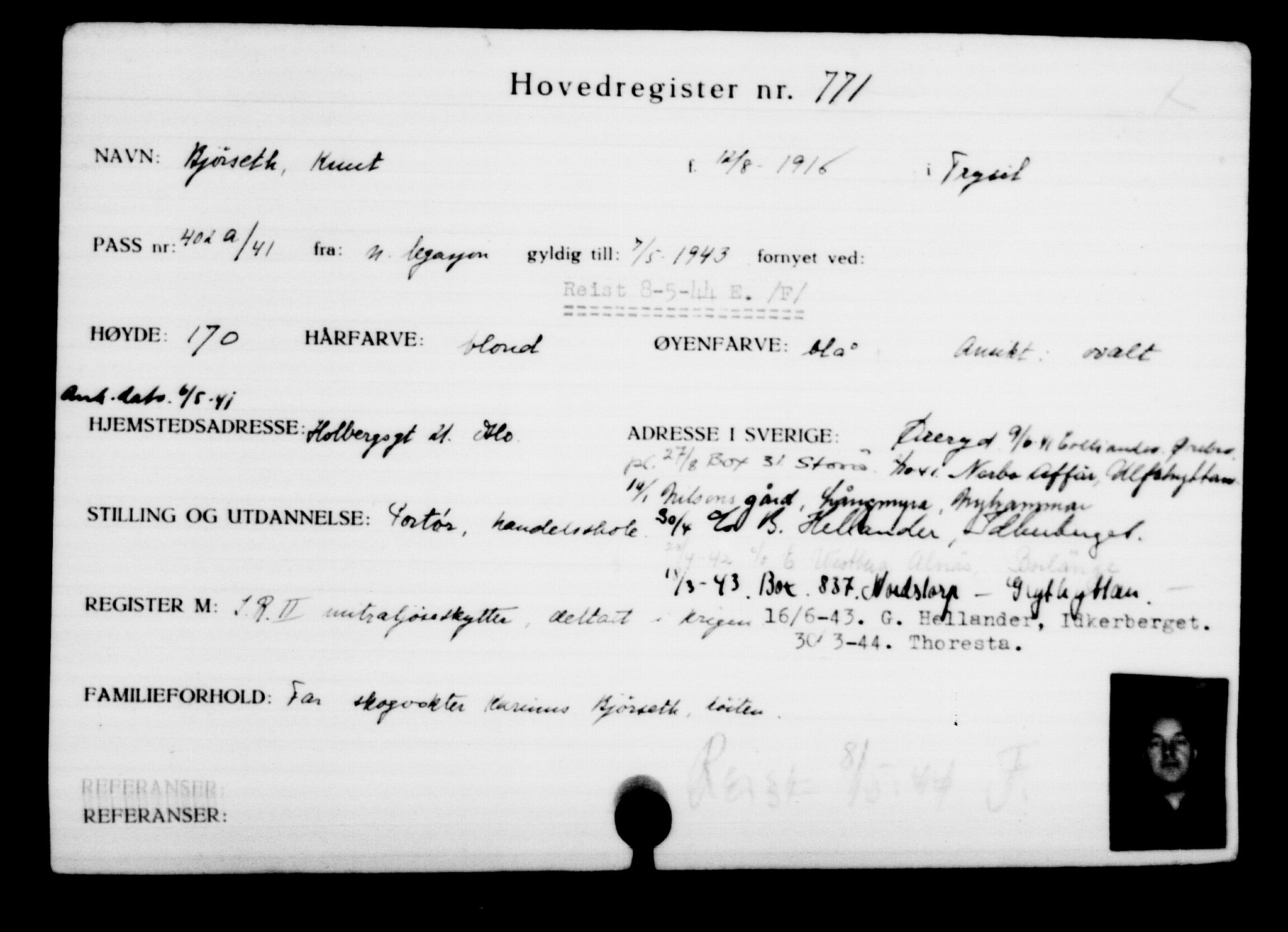 Utenriksstasjonene, Legasjonen i Stockholm, Flyktningkontoret, AV/RA-S-6753/V/Va/L0001: Kjesäterkartoteket, flyktninger med registreringsnr. 1-1000, 1940-1945, p. 1219