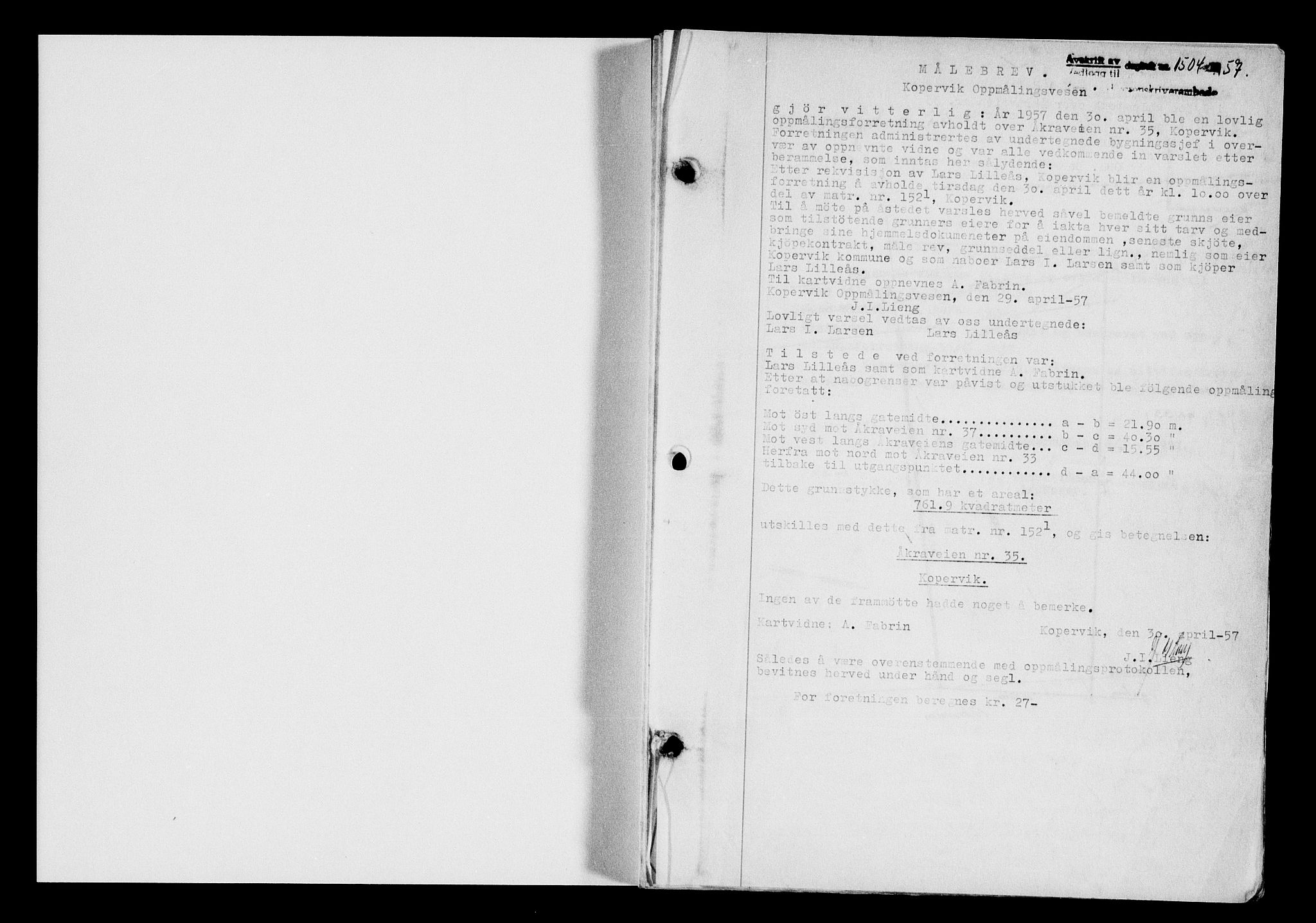 Karmsund sorenskriveri, SAST/A-100311/01/II/IIB/L0125: Mortgage book no. 105A, 1957-1957, Diary no: : 1504/1957
